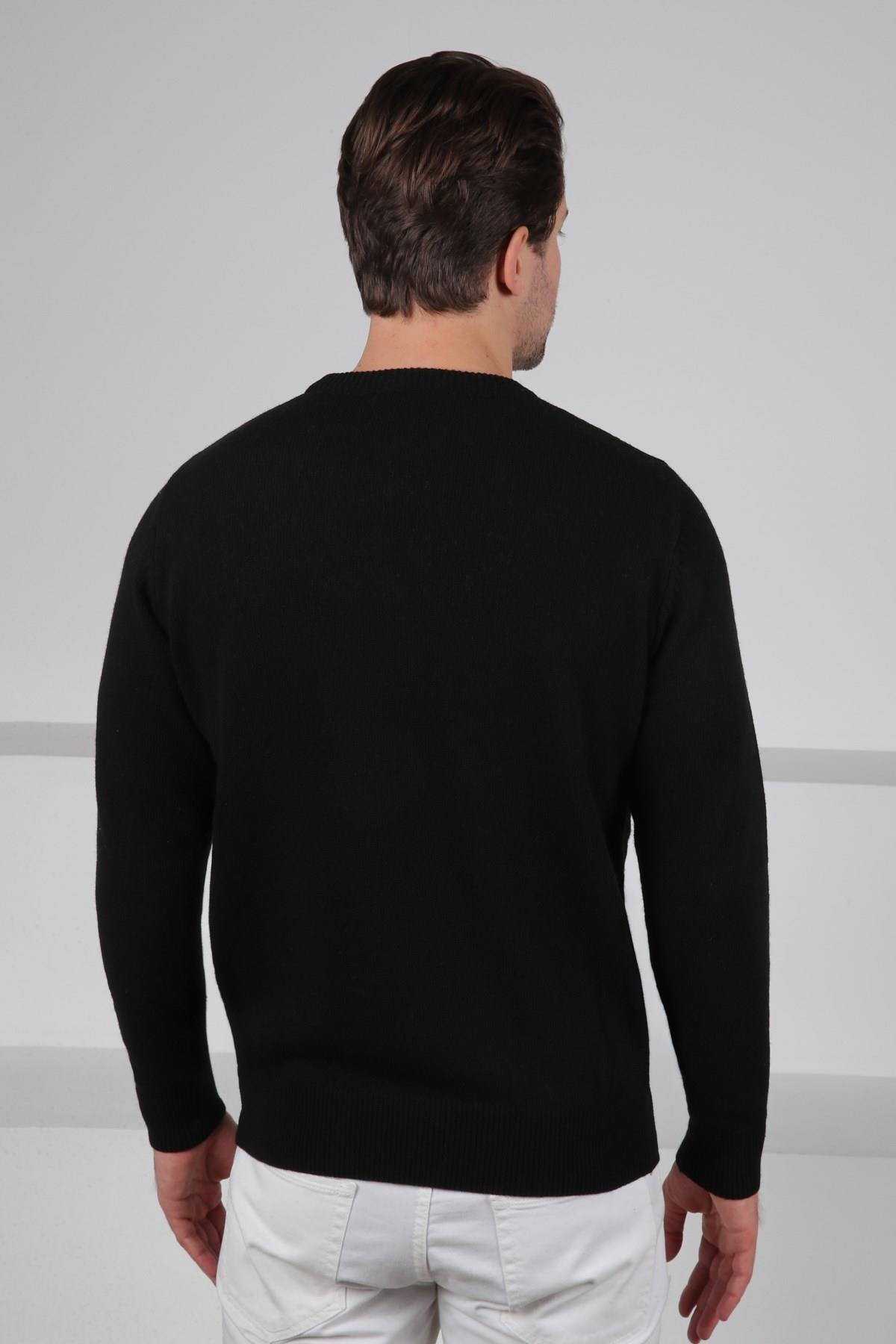 Ferraro Siyah Bisiklet Yaka Kabartmalı Petek Desenli Uzun Kollu %100 Kuzu Yünü Erkek Triko Kazak