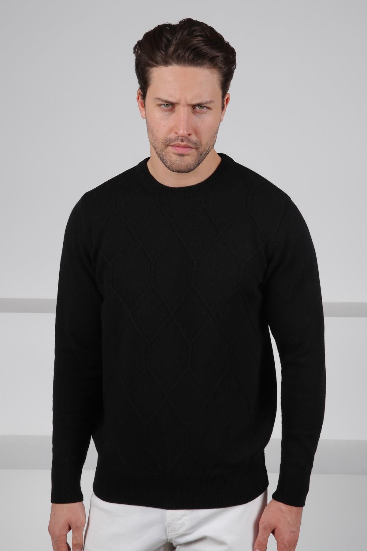 Ferraro Siyah Bisiklet Yaka Kabartmalı Petek Desenli Uzun Kollu %100 Kuzu Yünü Erkek Triko Kazak