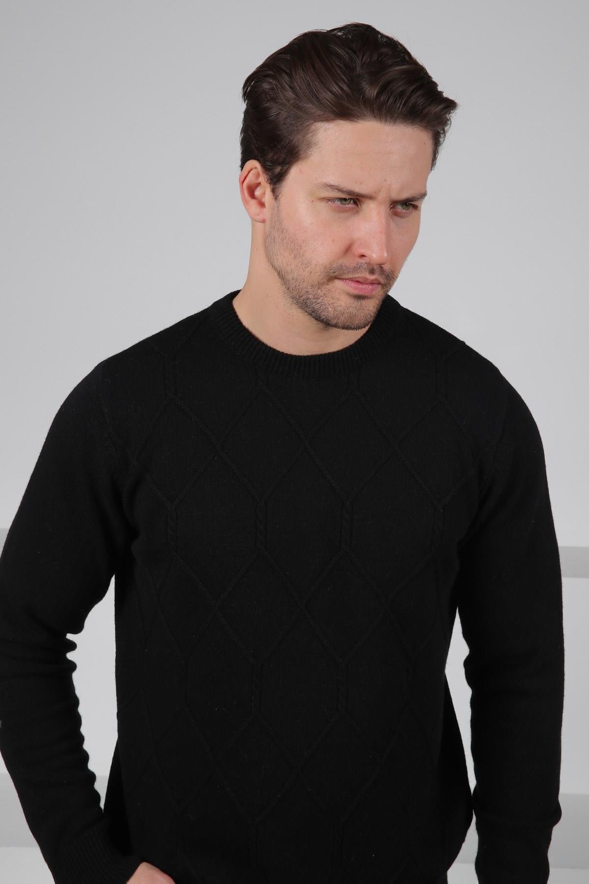 Ferraro Siyah Bisiklet Yaka Kabartmalı Petek Desenli Uzun Kollu %100 Kuzu Yünü Erkek Triko Kazak