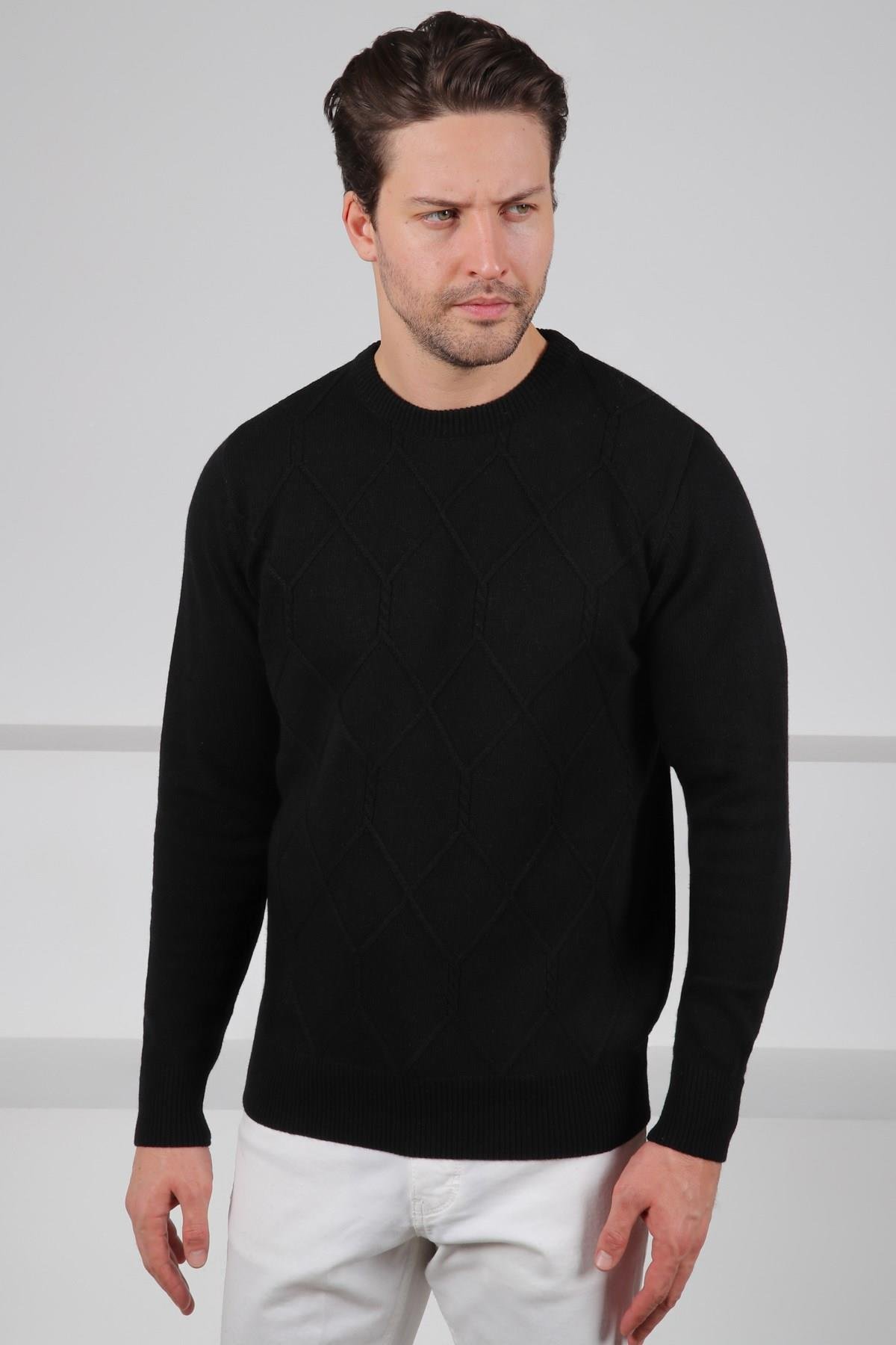 Ferraro Siyah Bisiklet Yaka Kabartmalı Petek Desenli Uzun Kollu %100 Kuzu Yünü Erkek Triko Kazak