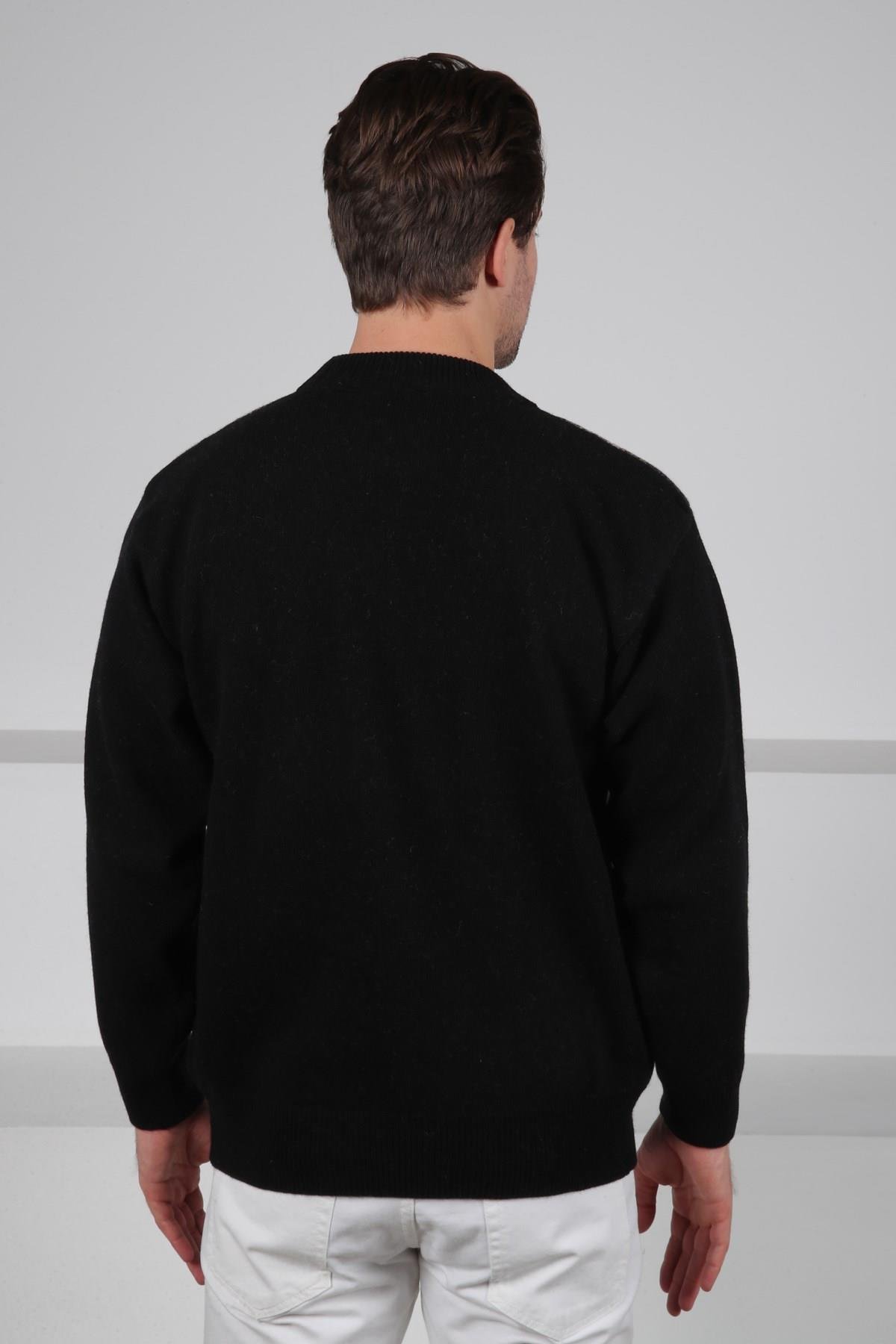 Ferraro Siyah Bisiklet Yaka Önü Çizgili Uzun Kollu Kuzu Yünü Karışımlı Erkek Triko Kazak