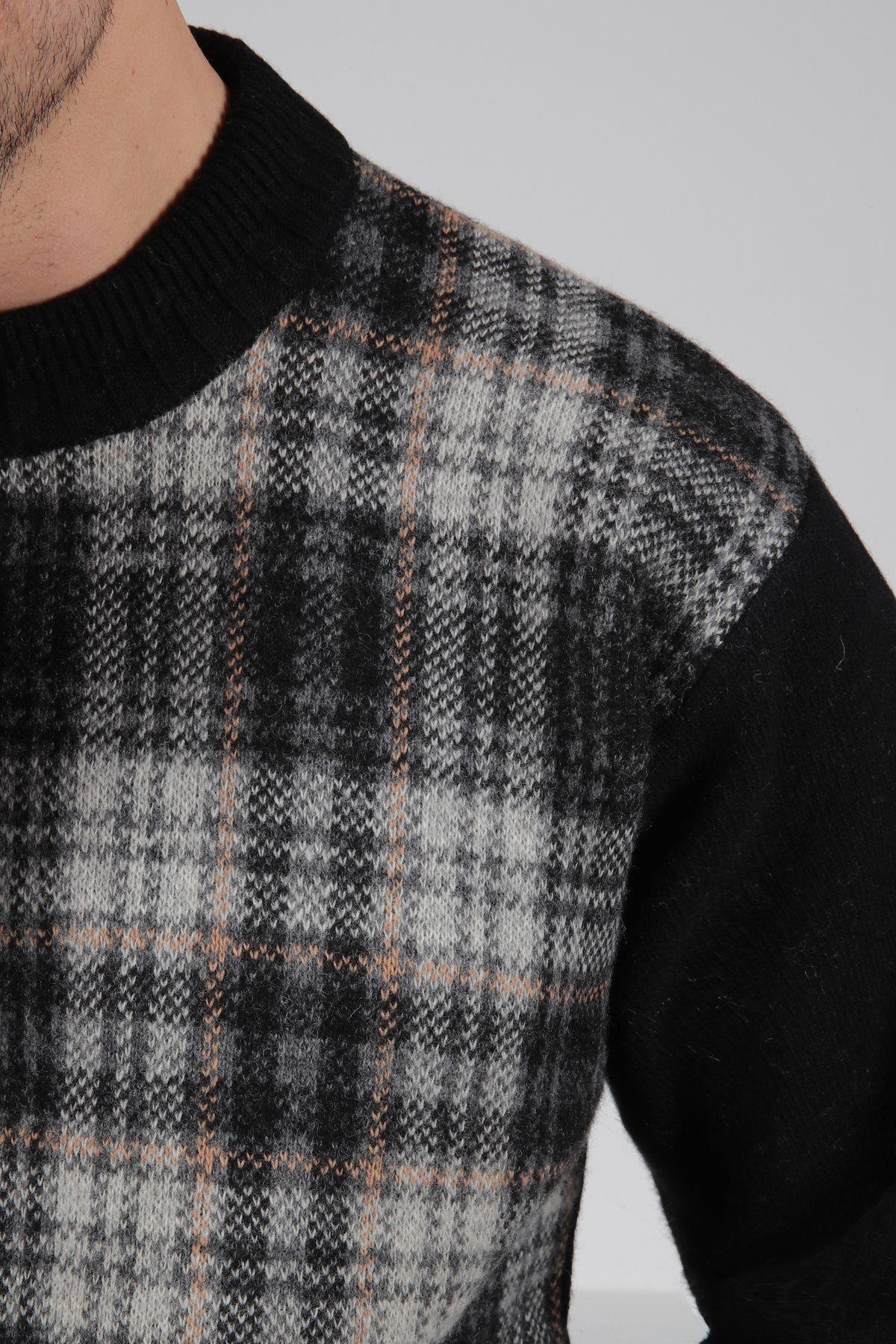 Ferraro Siyah Bisiklet Yaka Önü Çizgili Uzun Kollu Kuzu Yünü Karışımlı Erkek Triko Kazak