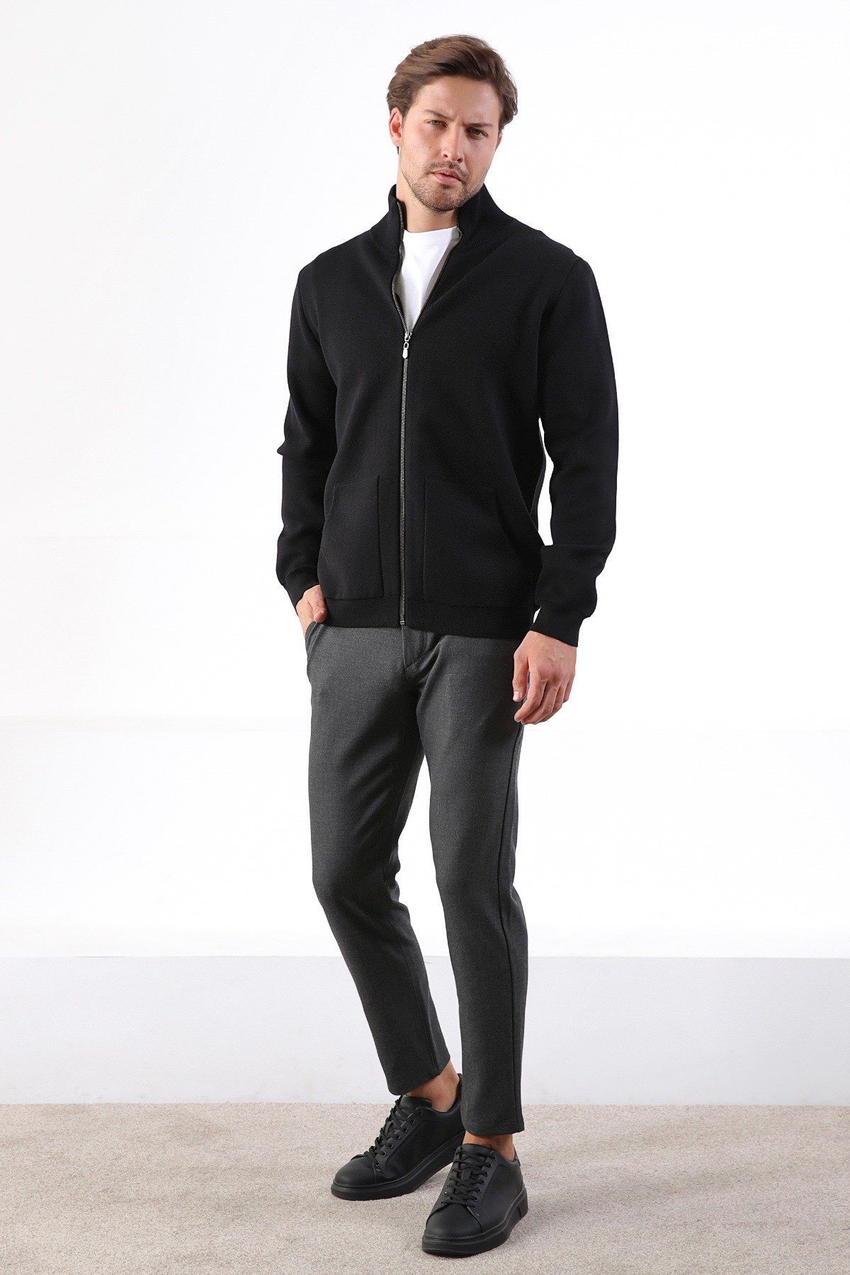 Ferraro Siyah Çift Cep %100 Pamuk Erkek Triko Hırka