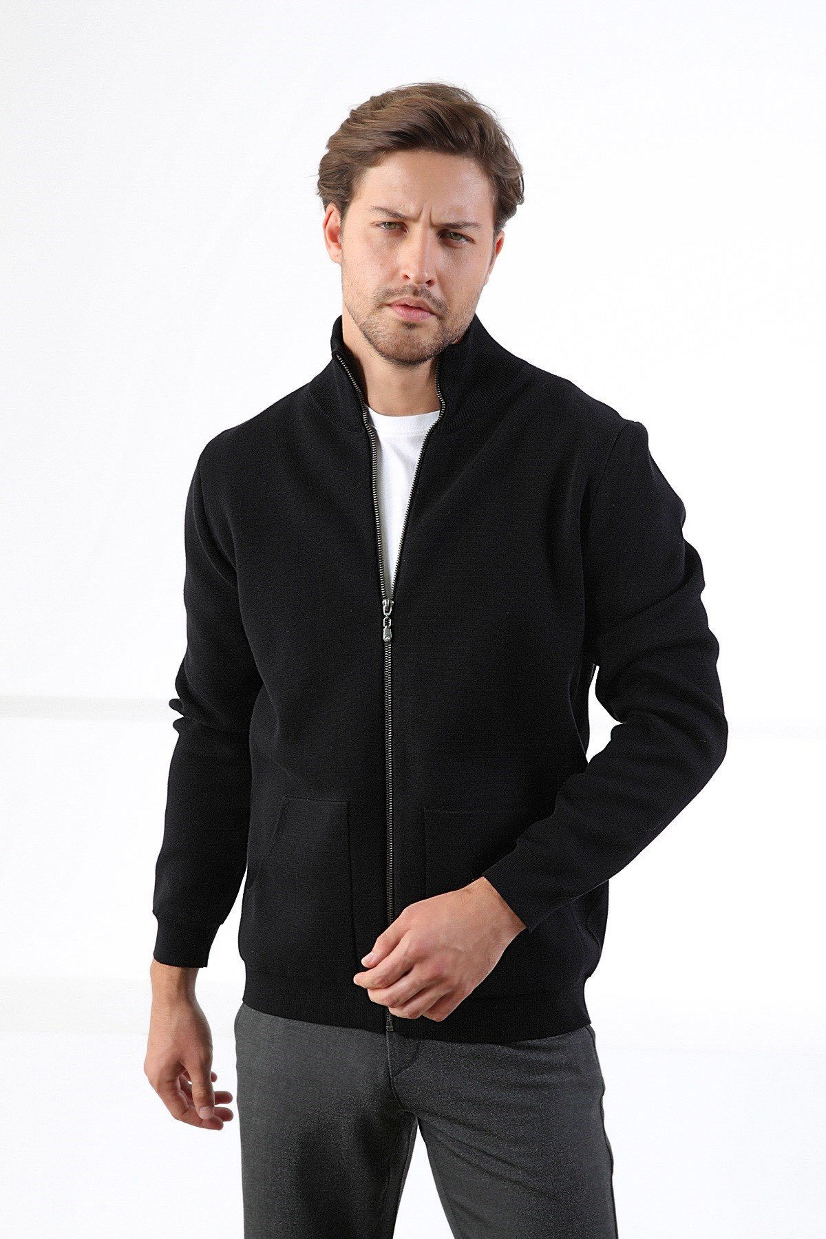 Ferraro Siyah Çift Cep %100 Pamuk Erkek Triko Hırka