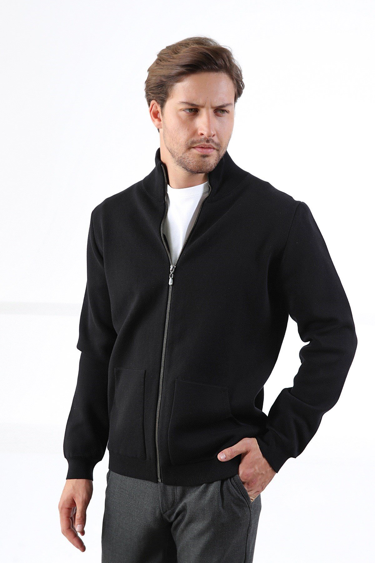 Ferraro Siyah Çift Cep %100 Pamuk Erkek Triko Hırka