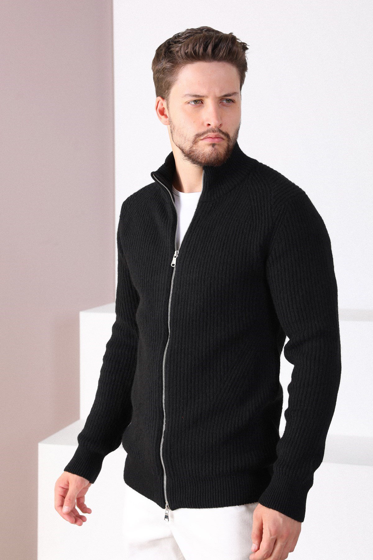 Ferraro Siyah Çift Fermuarlı Erkek Triko Hırka