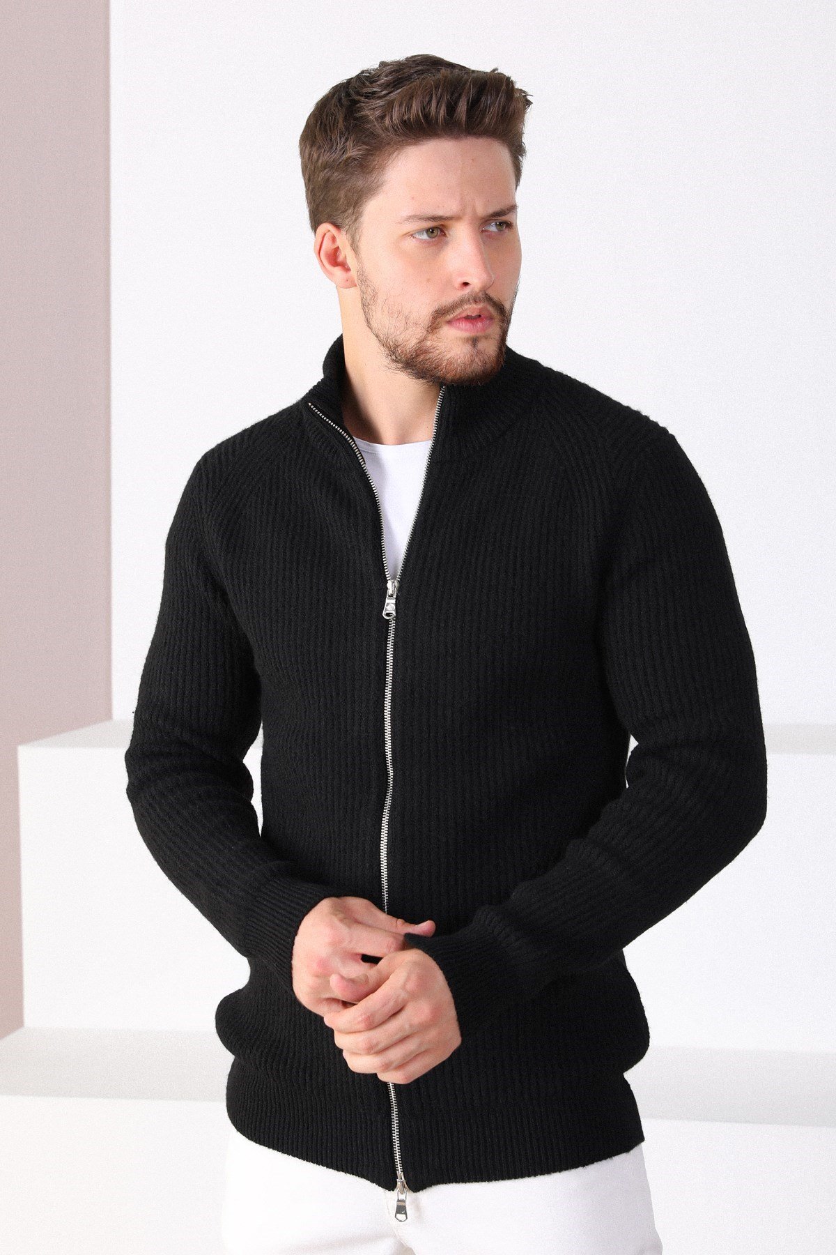 Ferraro Siyah Çift Fermuarlı Erkek Triko Hırka