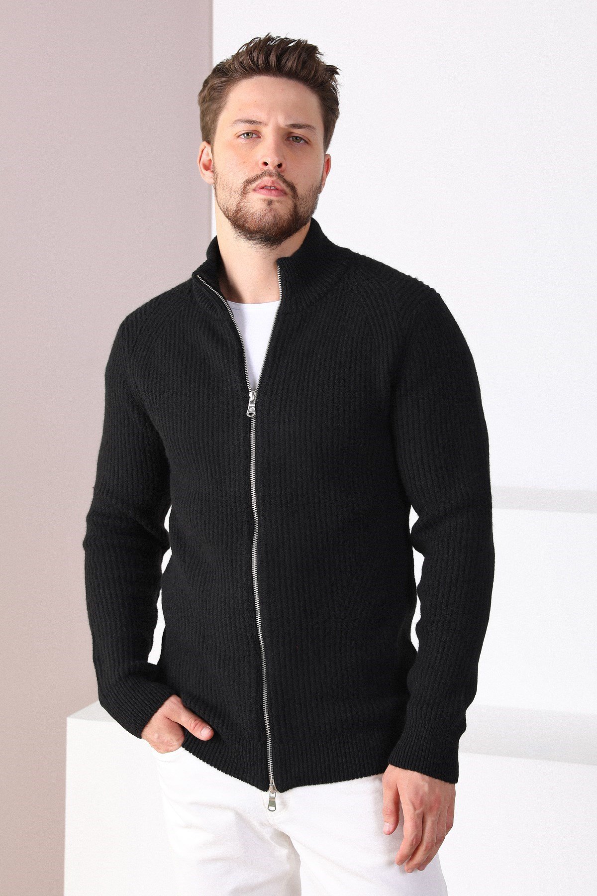 Ferraro Siyah Çift Fermuarlı Erkek Triko Hırka