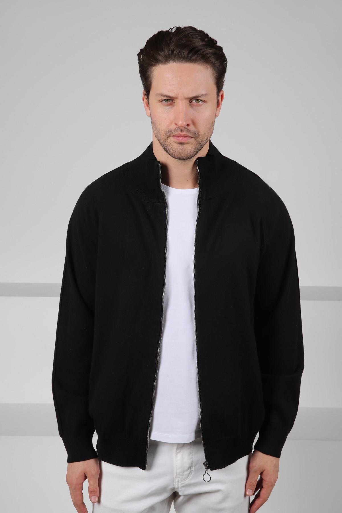 Ferraro Siyah Dik Yaka Fermuarlı Cepli Uzun Kollu %100 Pamuk Erkek Triko Hırka