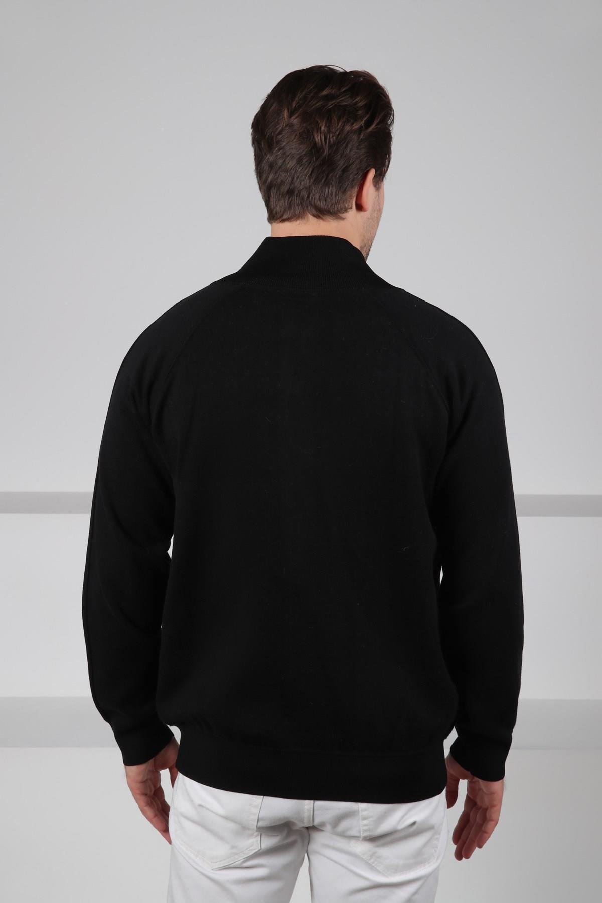 Ferraro Siyah Dik Yaka Fermuarlı Cepli Uzun Kollu %100 Pamuk Erkek Triko Hırka