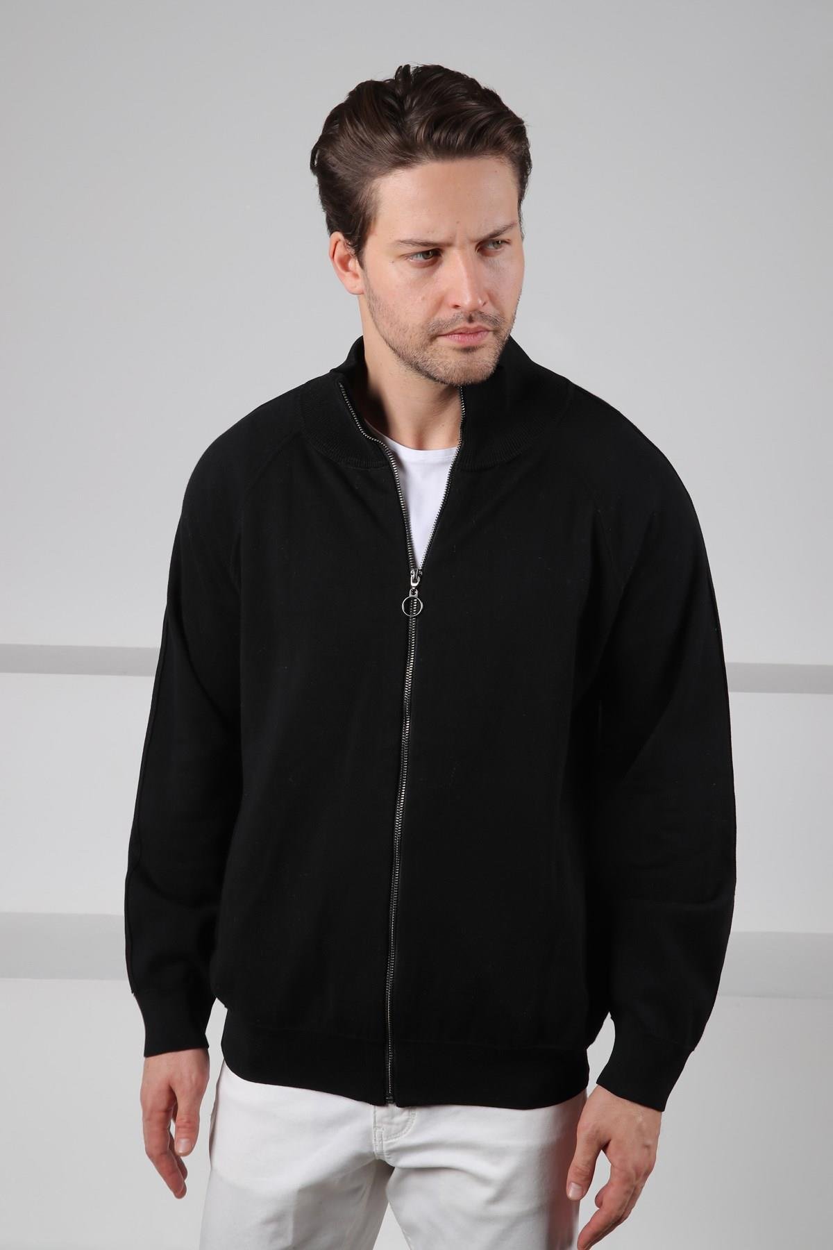 Ferraro Siyah Dik Yaka Fermuarlı Cepli Uzun Kollu %100 Pamuk Erkek Triko Hırka
