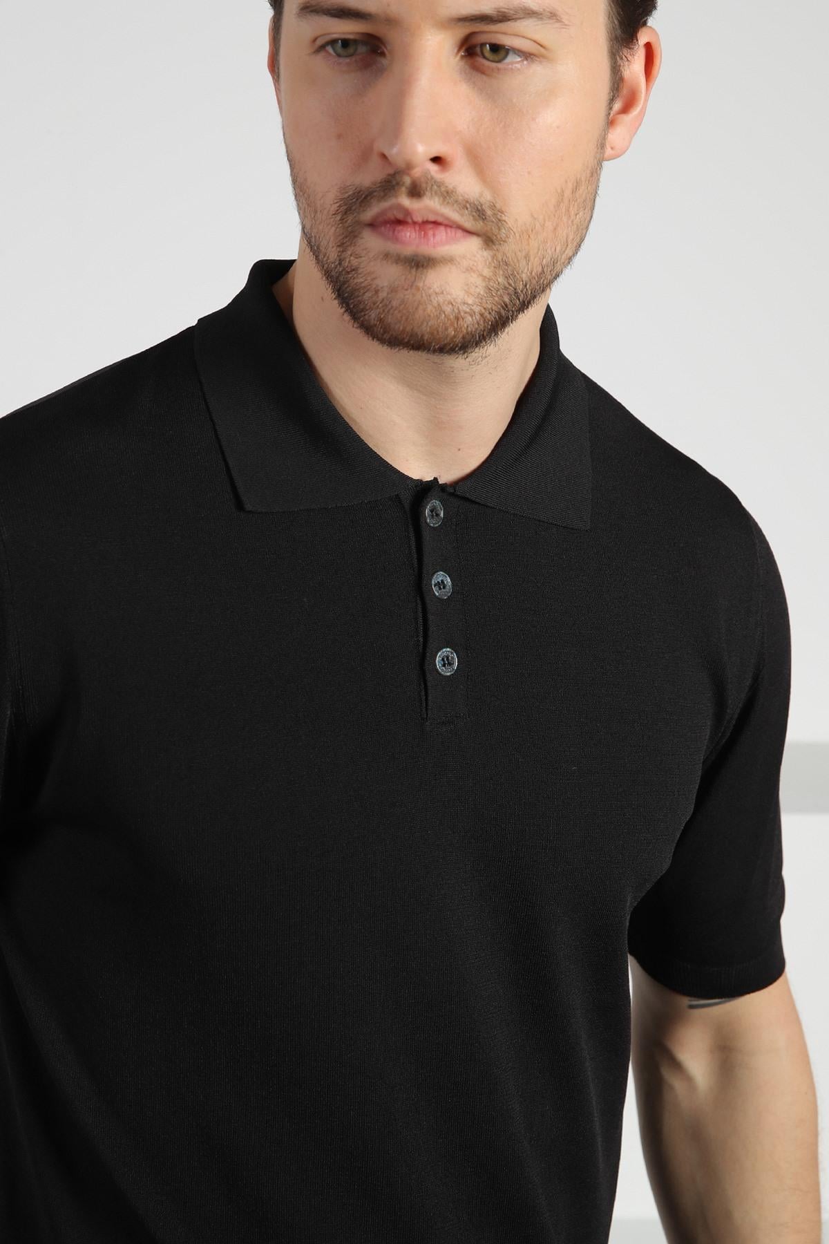 Ferraro Siyah Düğmeli Polo Yaka Erkek Rayon Triko T-Shirt