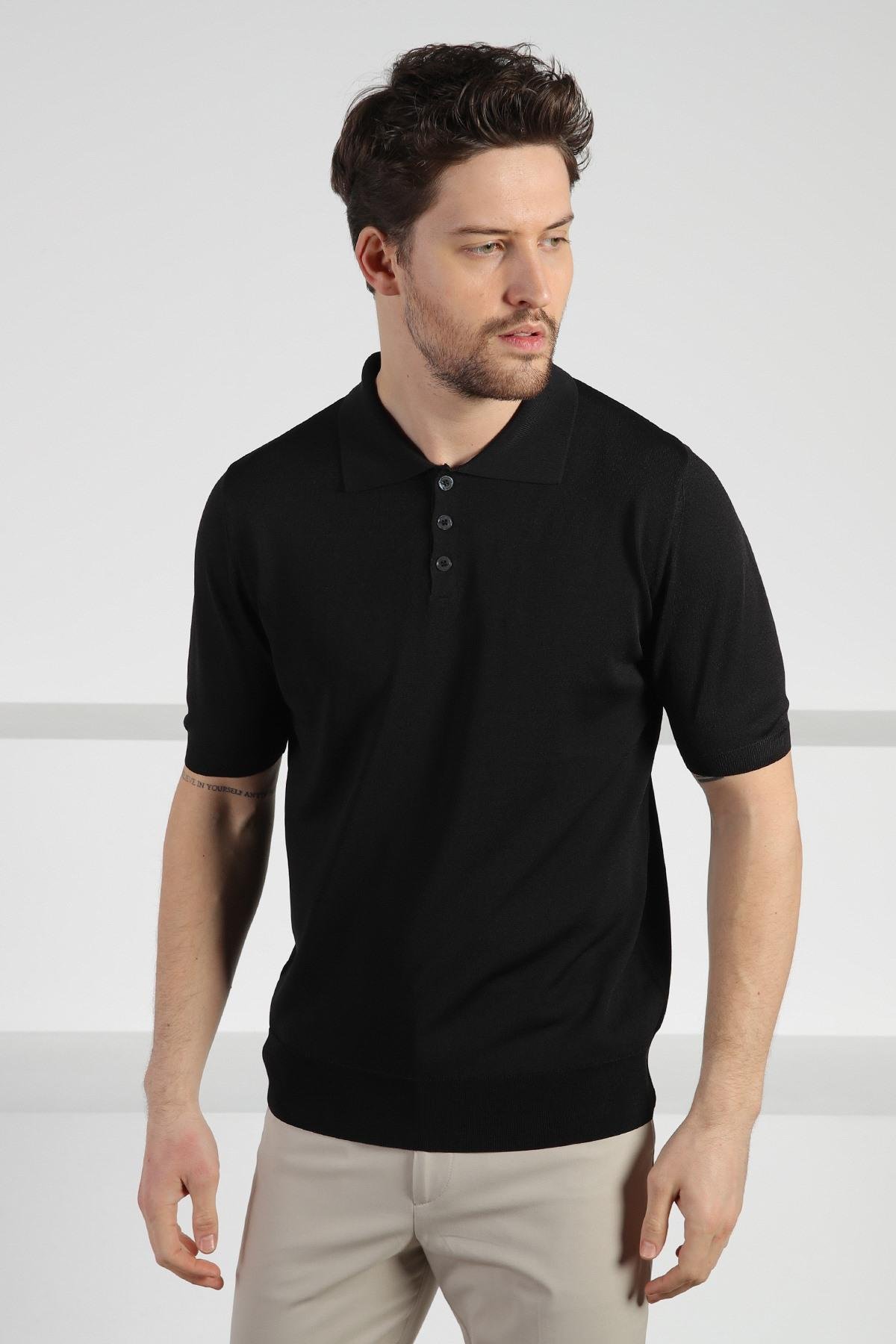 Ferraro Siyah Düğmeli Polo Yaka Erkek Rayon Triko T-Shirt