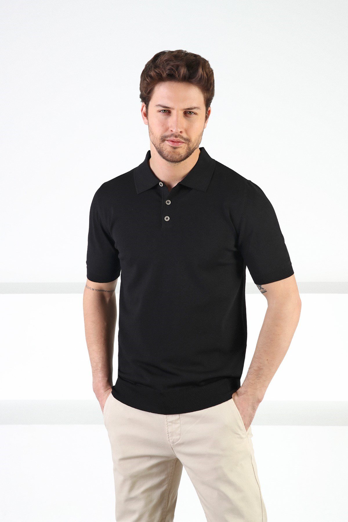 Ferraro Siyah Düğmeli Polo Yaka Viskon Erkek Triko T-Shirt