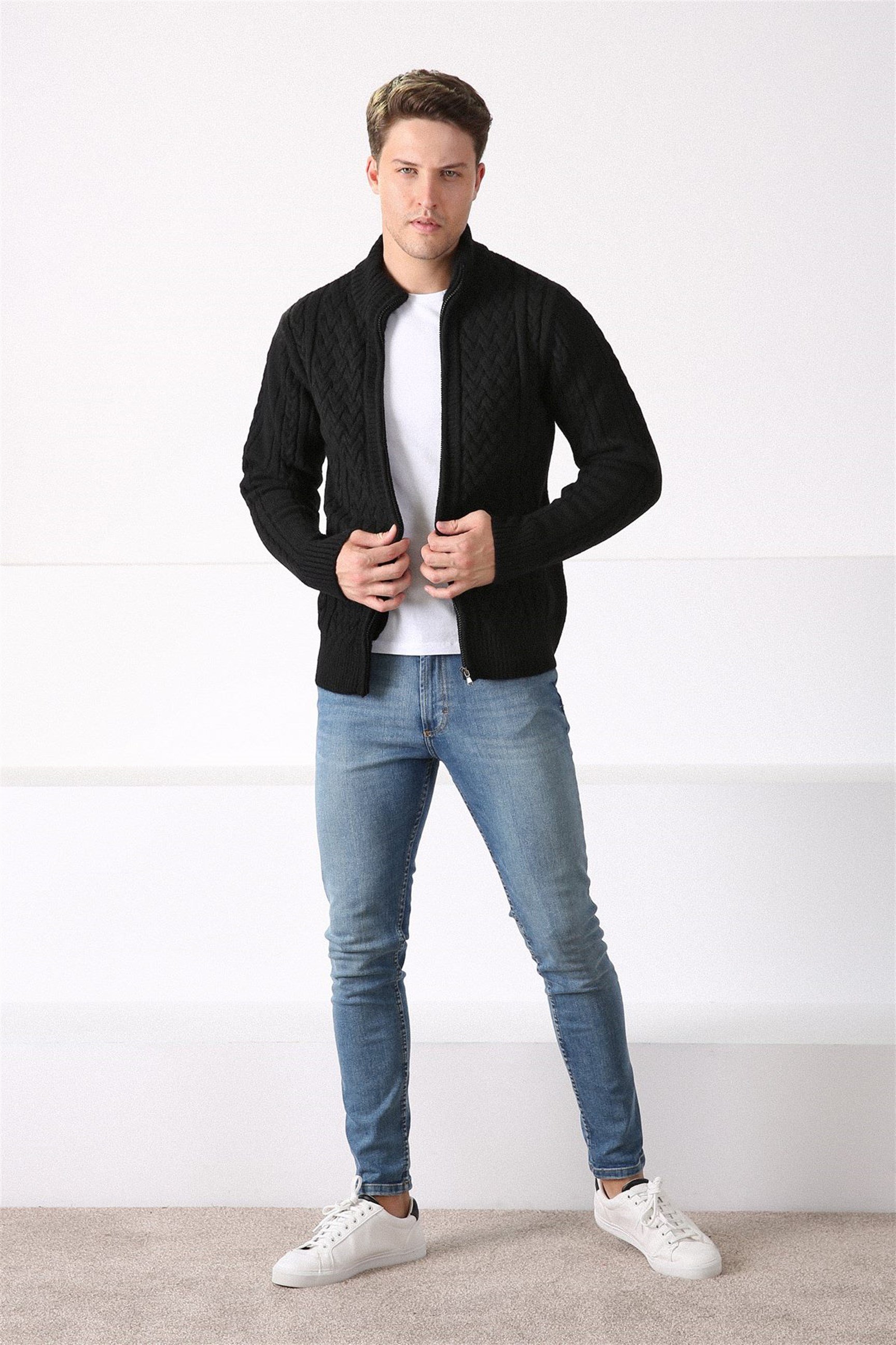 Ferraro Siyah Fermuarlı Kalın Yün Erkek Triko Hırka