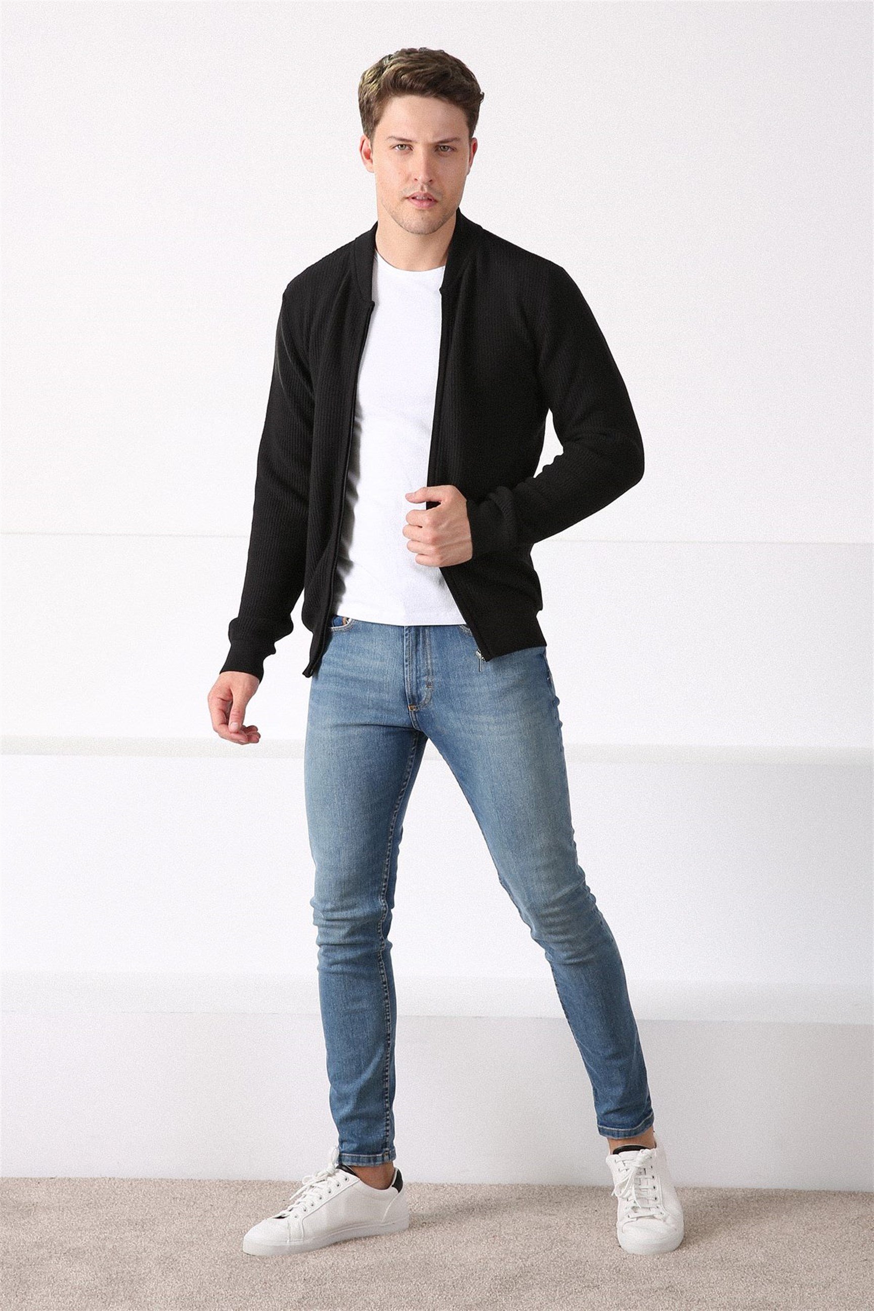 Ferraro Siyah Fermuarlı Pamuk Triko Hırka