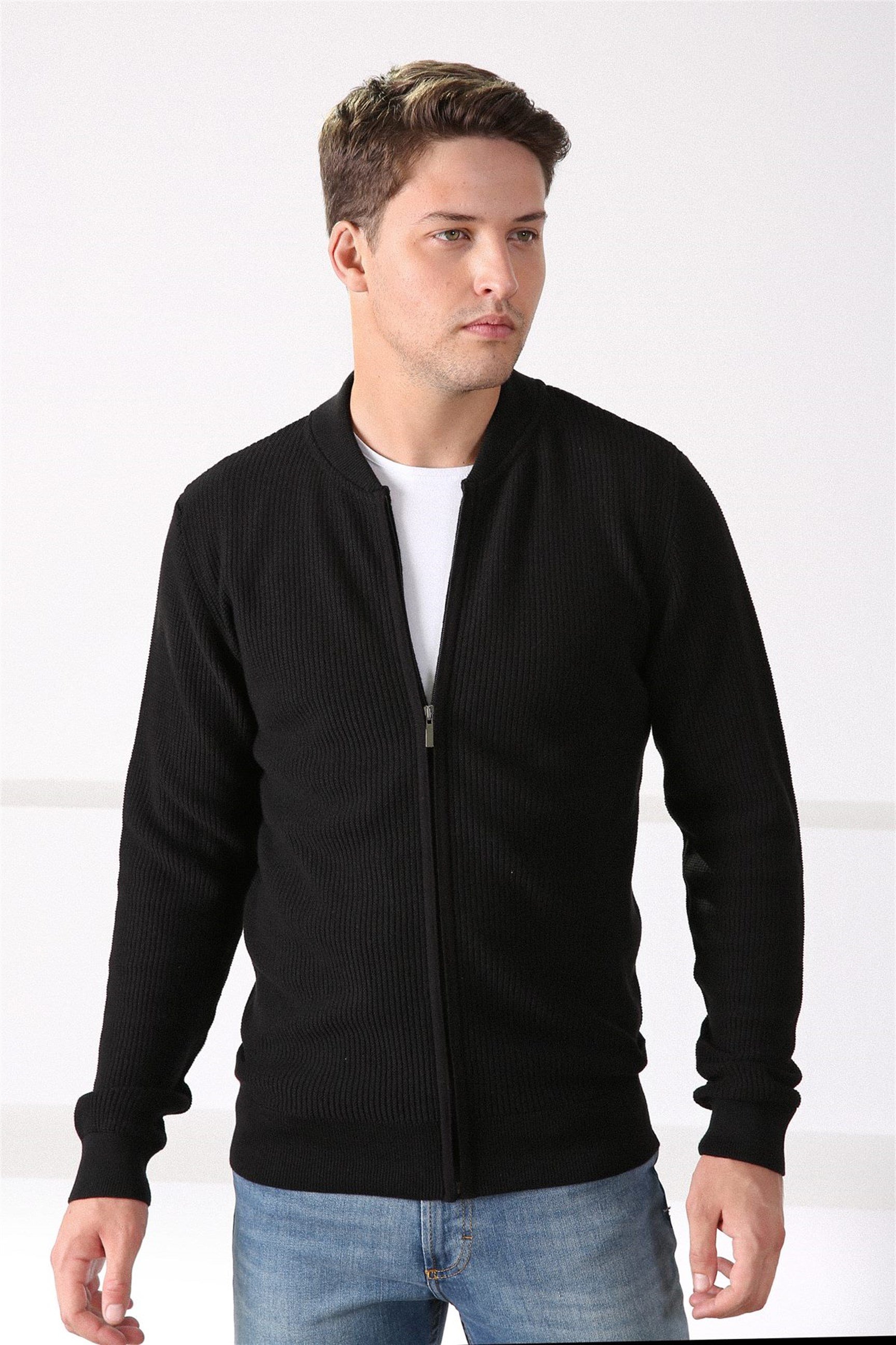 Ferraro Siyah Fermuarlı Pamuk Triko Hırka