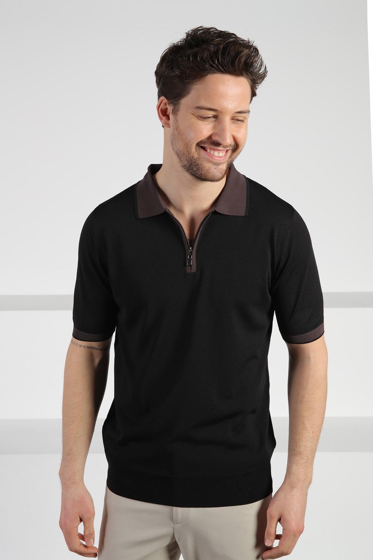 Ferraro Siyah Fermuarlı Polo Yaka Erkek Rayon Triko T-Shirt
