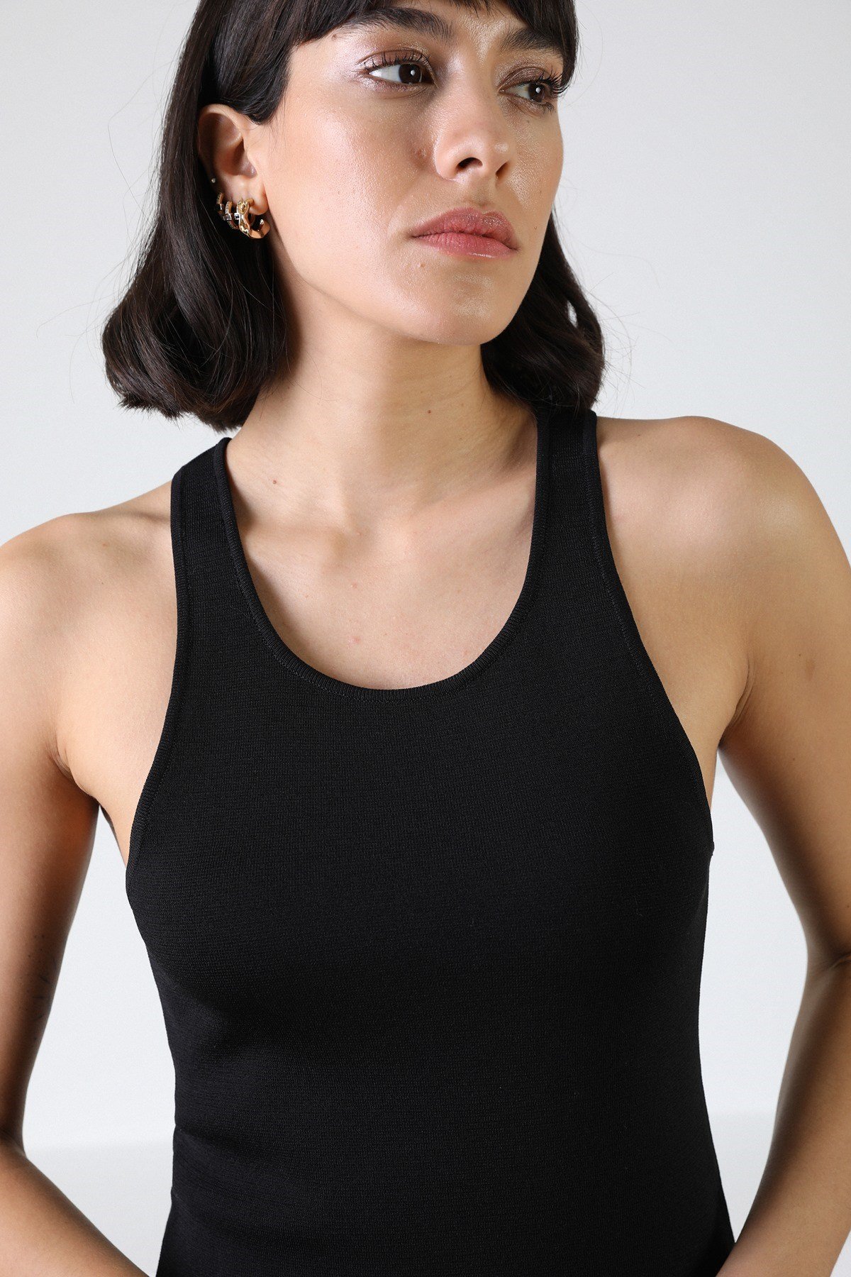 Ferraro Siyah Kolsuz Bisiklet Yaka Kadın Triko Atlet