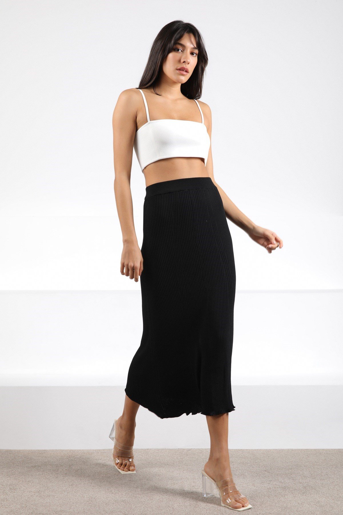 Ferraro Siyah Midi Boy Kadın Triko Etek