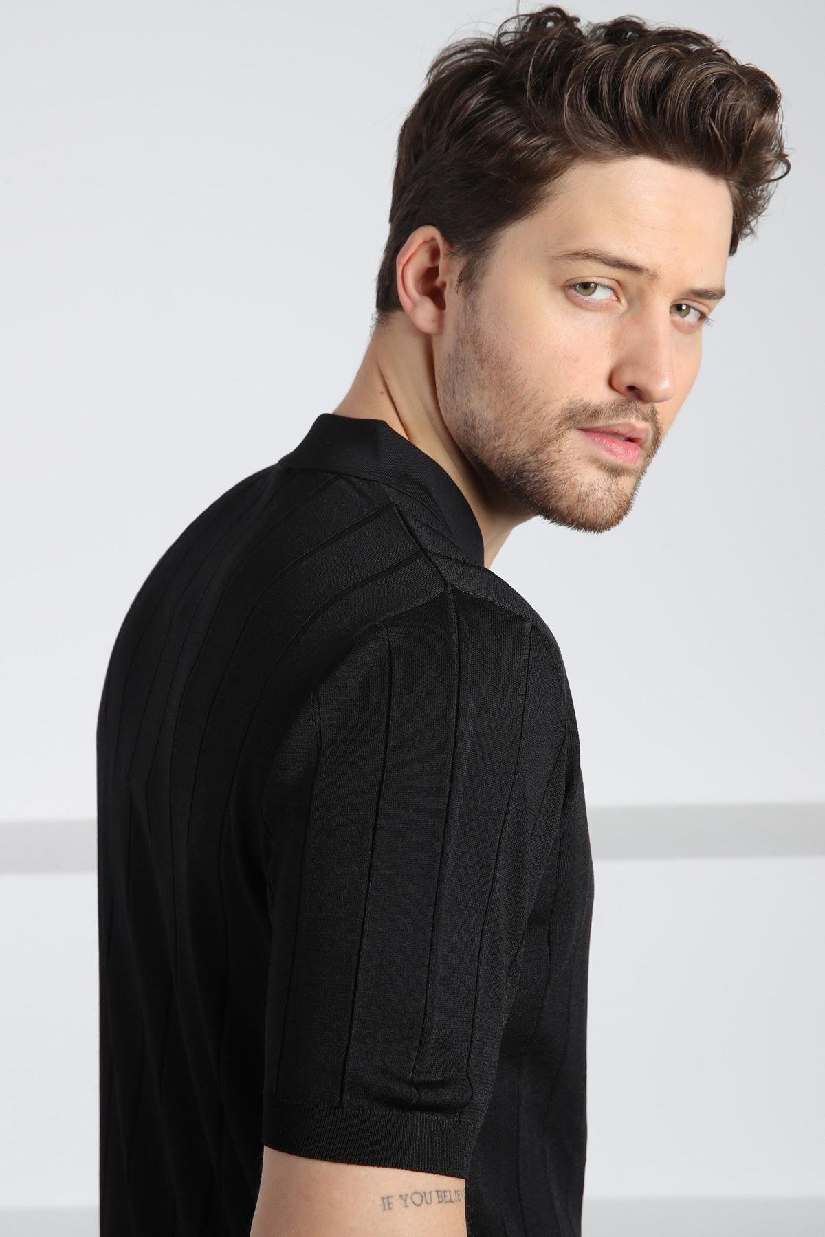 Ferraro Siyah Önü Düğmeli Polo Yaka Erkek Rayon Triko T-Shirt