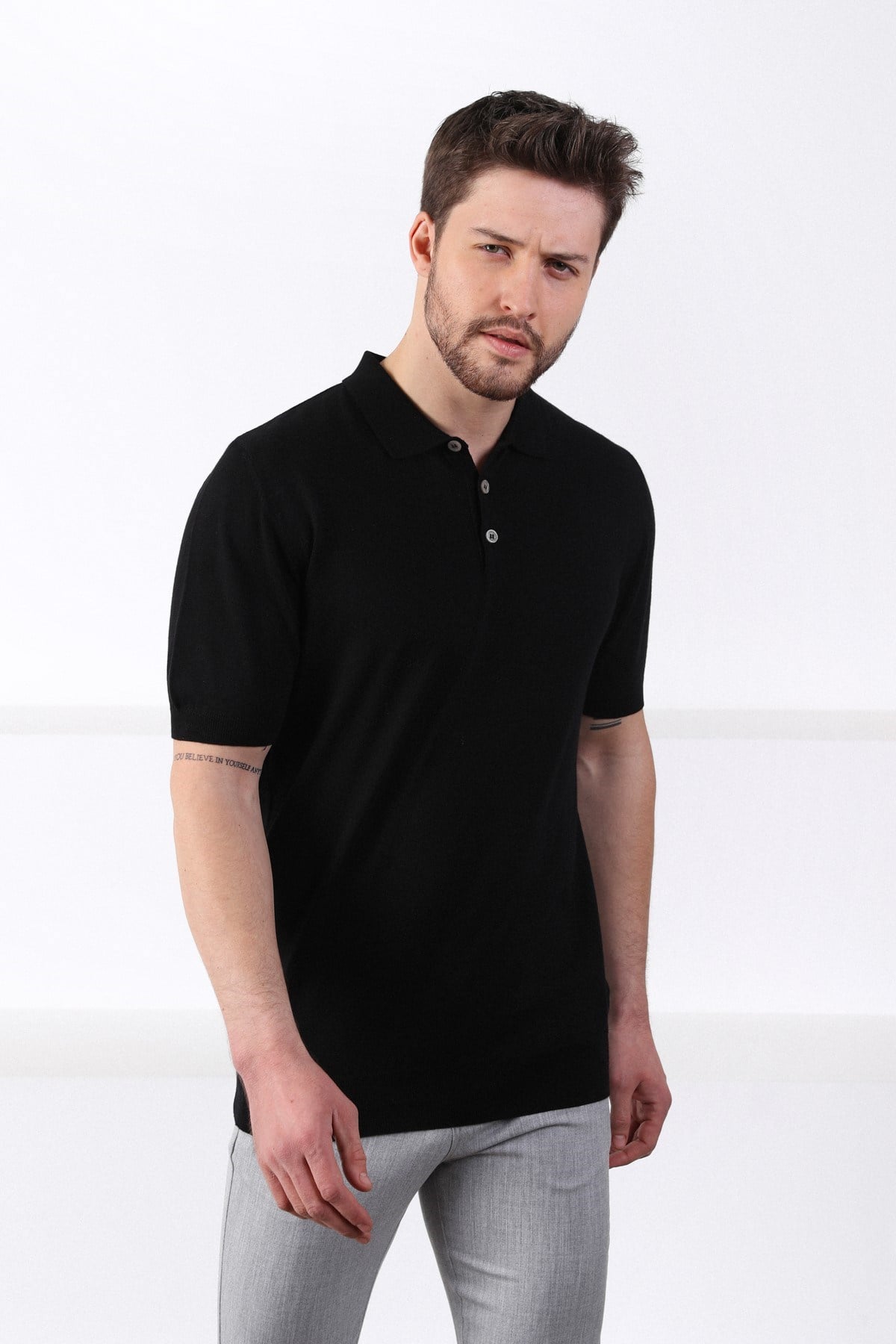 Ferraro Siyah Polo Yaka Düz Renk Erkek Pamuk Triko T-Shirt