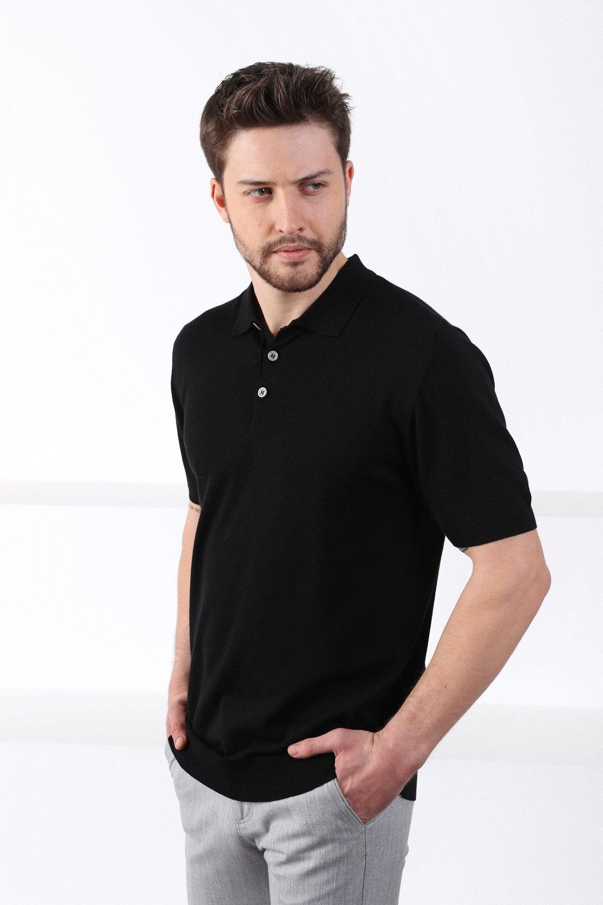 Ferraro Siyah Polo Yaka Düz Renk Erkek Pamuk Triko T-Shirt