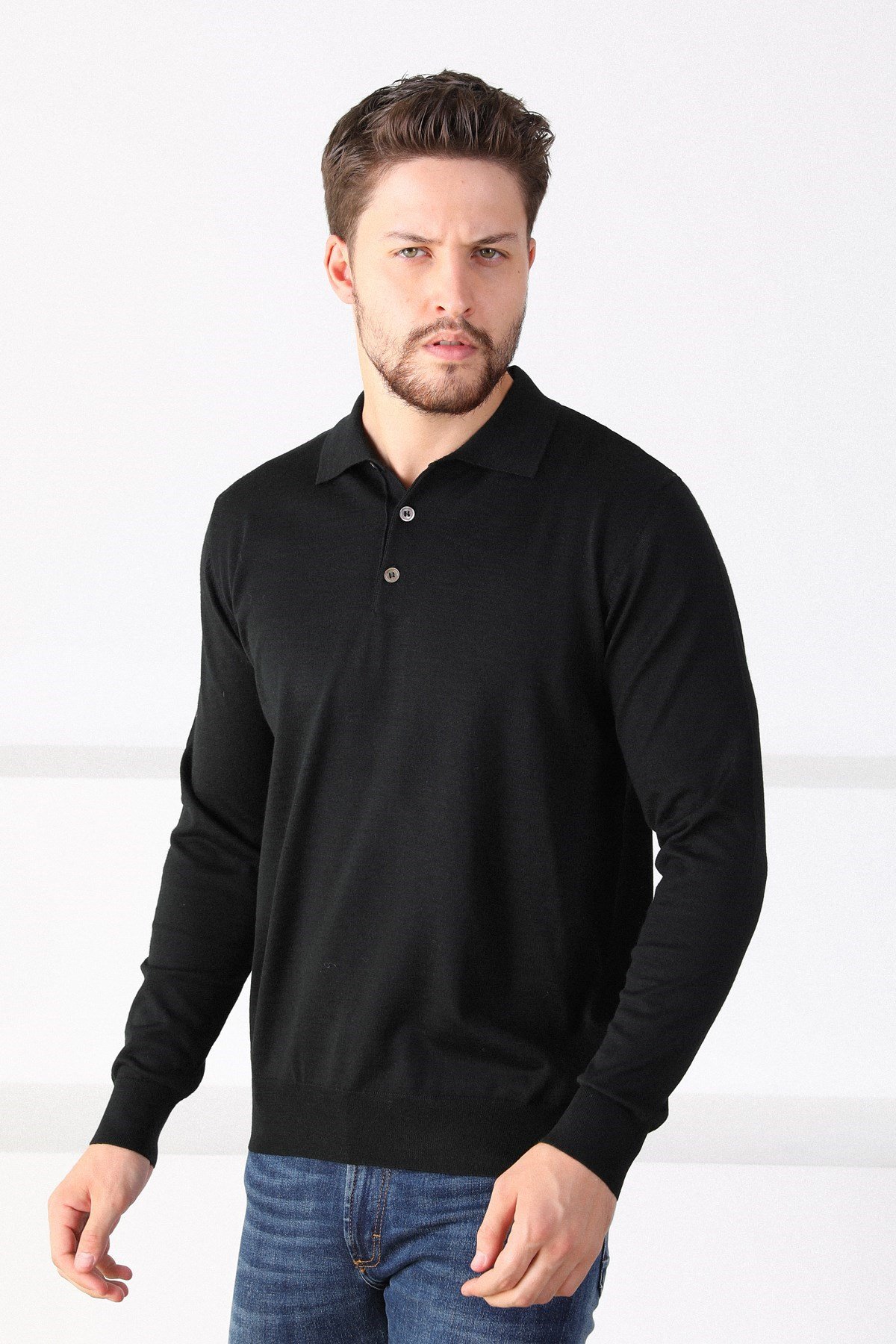 Ferraro Siyah Polo Yaka Erkek Triko Kazak