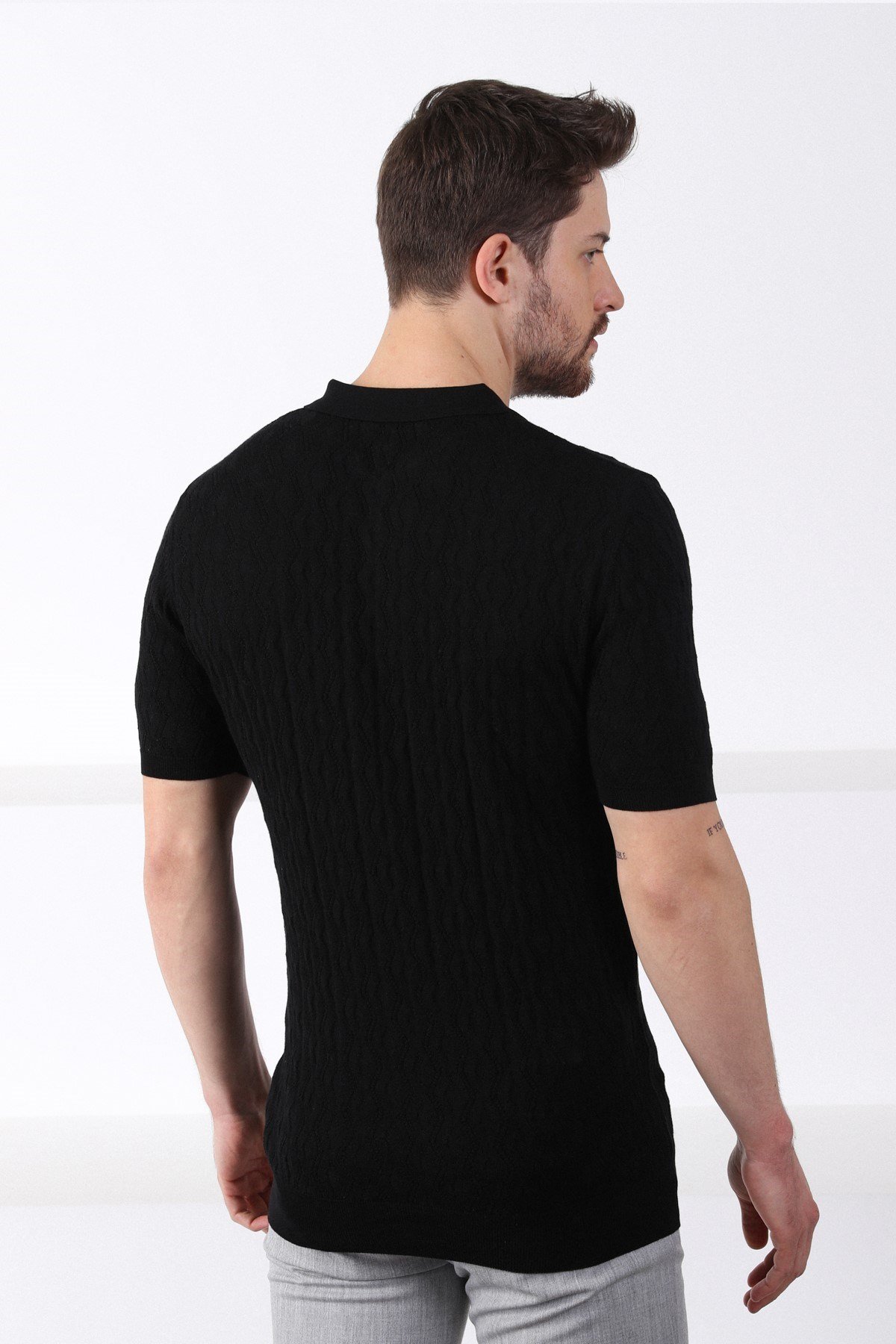 Ferraro Siyah Polo Yaka Fermuarlı Erkek Pamuk Triko T-Shirt
