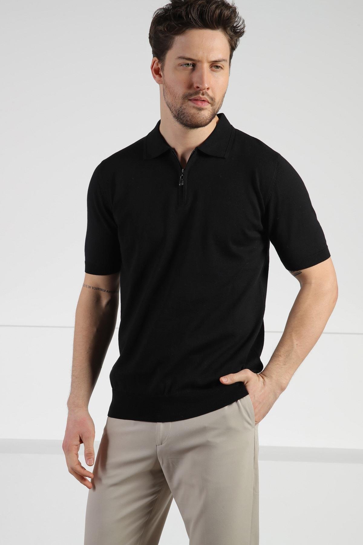 Ferraro Siyah Polo Yaka Fermuarlı Erkek Pamuk Triko T-Shirt