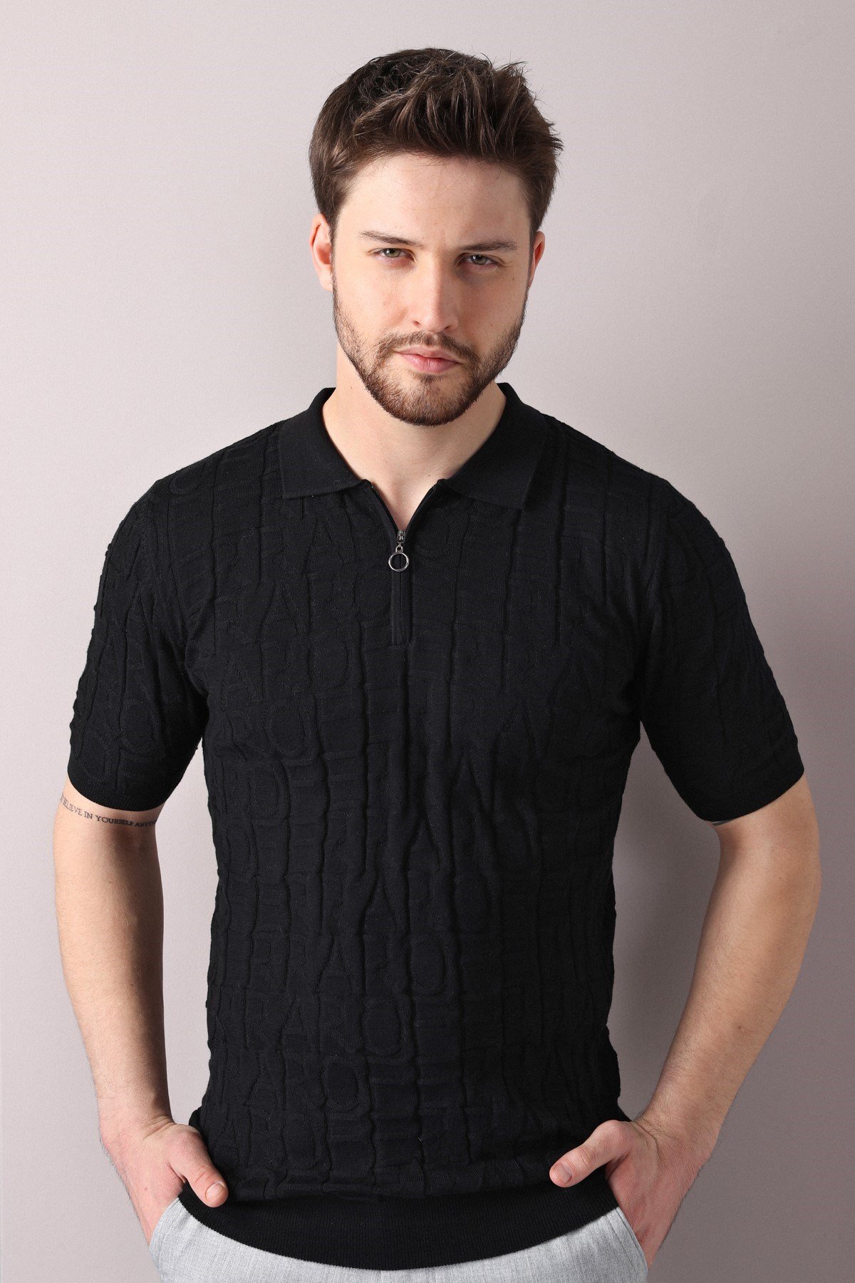 Ferraro Siyah Polo Yaka Fermuarlı Erkek Pamuk Triko T-Shirt