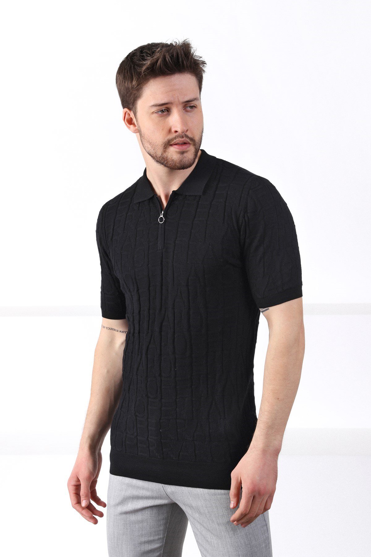 Ferraro Siyah Polo Yaka Fermuarlı Erkek Pamuk Triko T-Shirt
