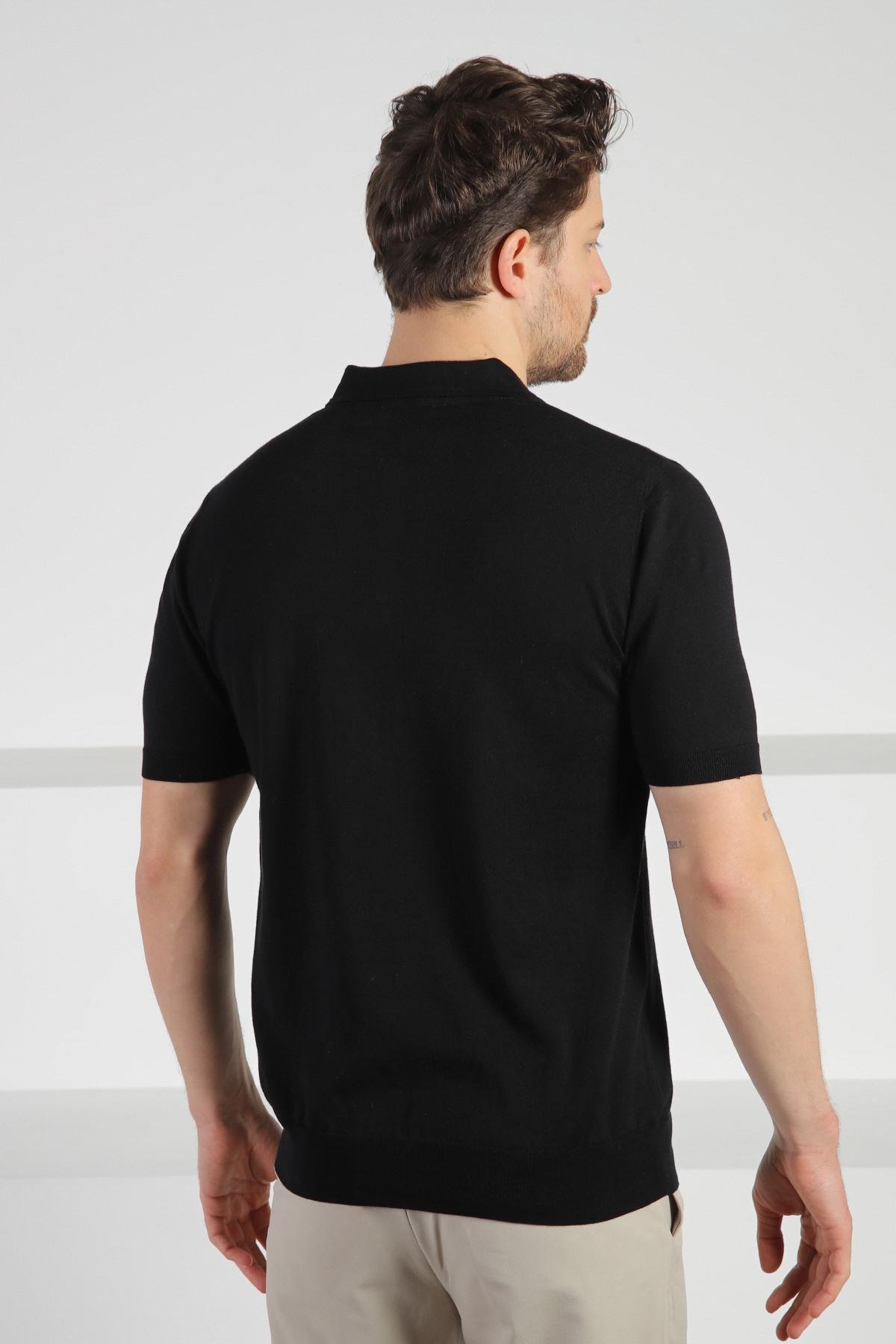 Ferraro Siyah Polo Yaka Fermuarlı Erkek Pamuk Triko T-Shirt