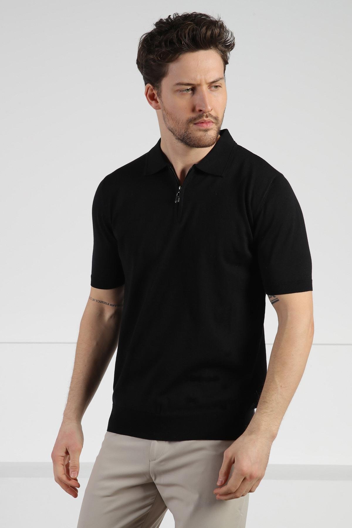 Ferraro Siyah Polo Yaka Fermuarlı Erkek Pamuk Triko T-Shirt