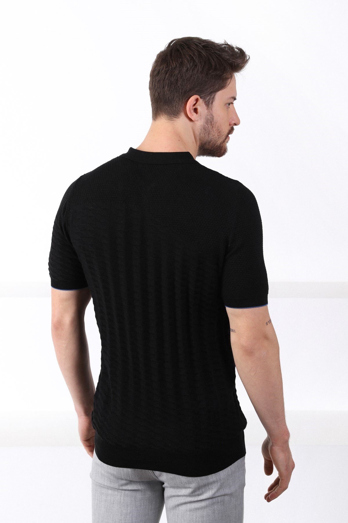 Ferraro Siyah Polo Yaka Fermuarlı Erkek Pamuk Triko T-Shirt