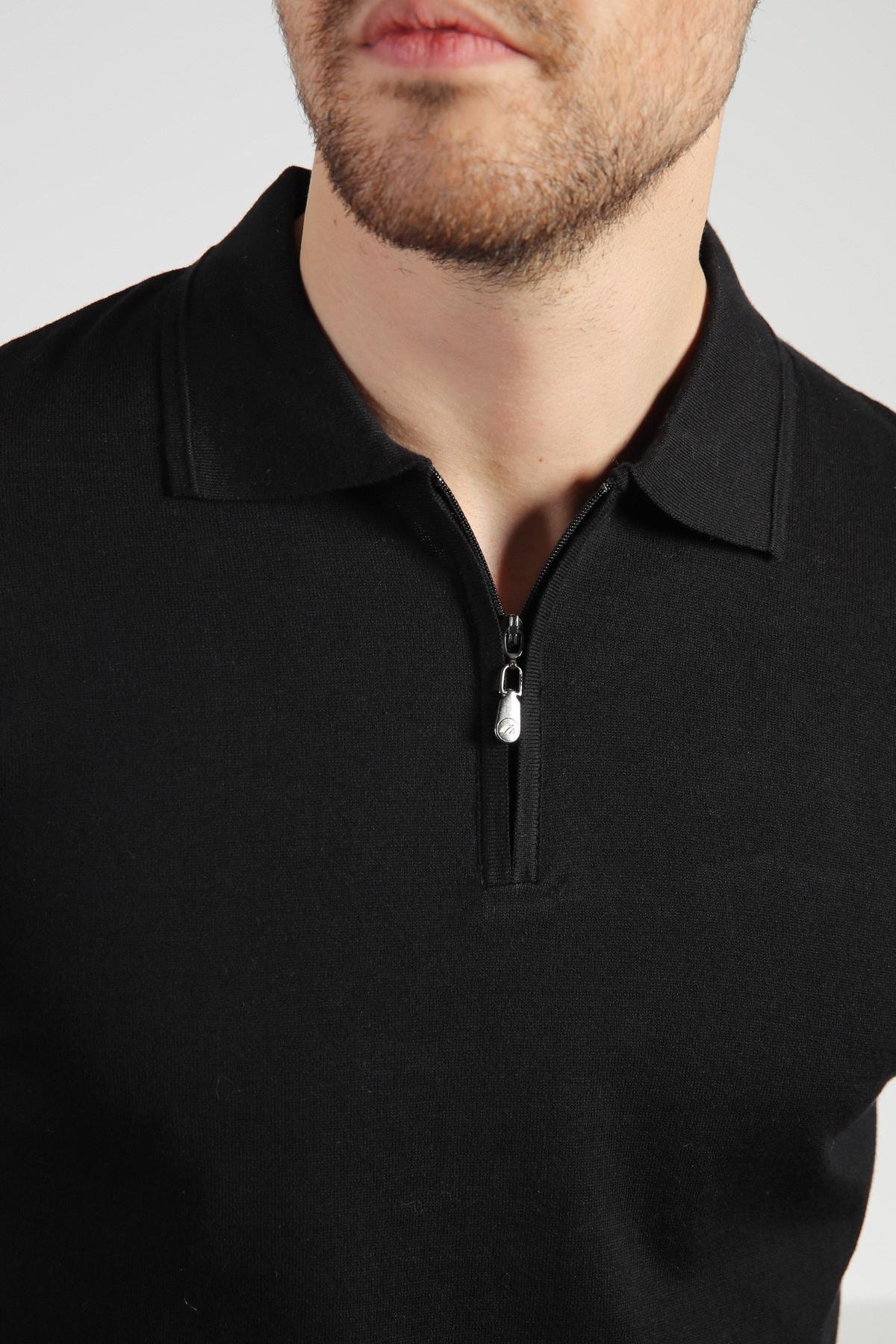 Ferraro Siyah Polo Yaka Fermuarlı Erkek Pamuk Triko T-Shirt
