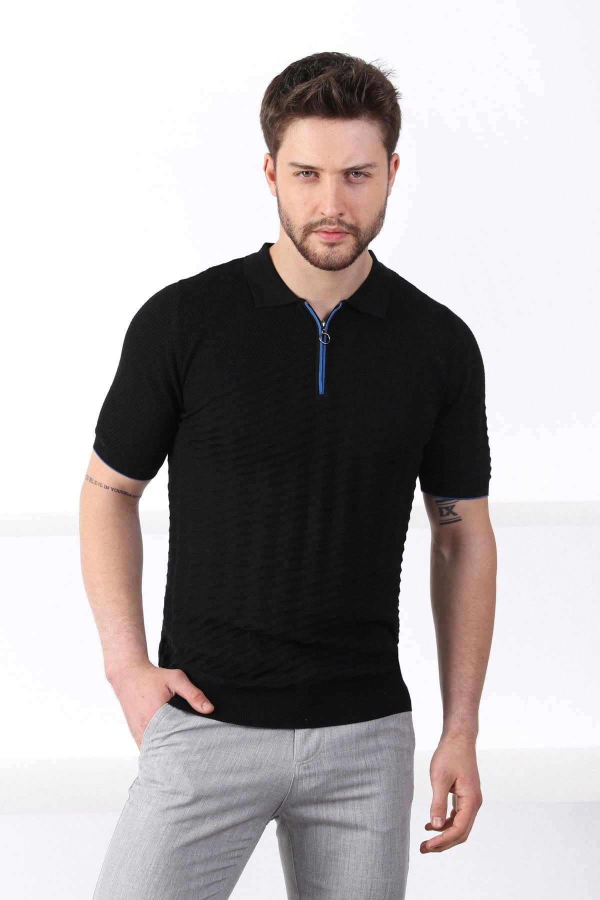 Ferraro Siyah Polo Yaka Fermuarlı Erkek Pamuk Triko T-Shirt