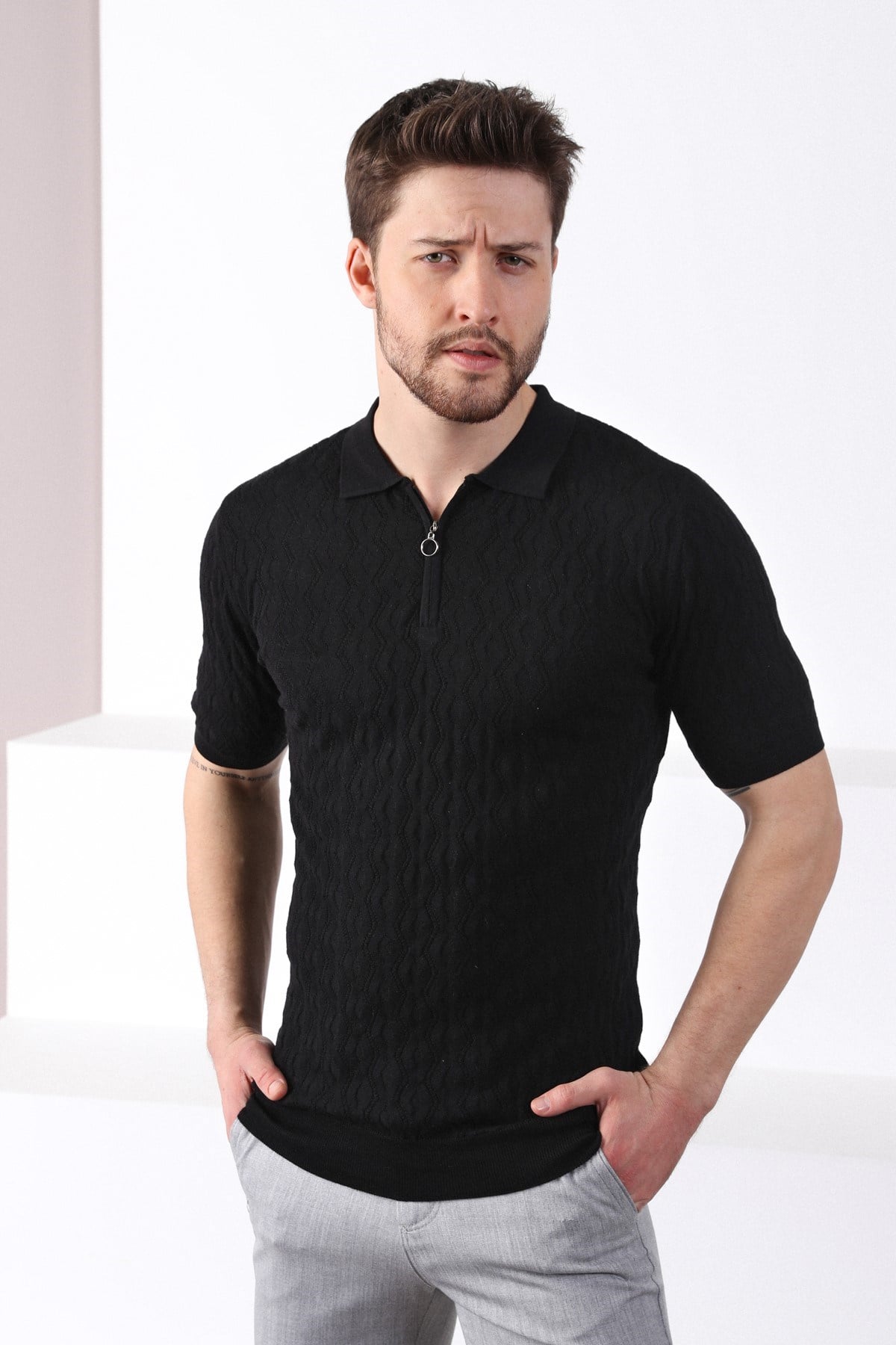 Ferraro Siyah Polo Yaka Fermuarlı Erkek Pamuk Triko T-Shirt