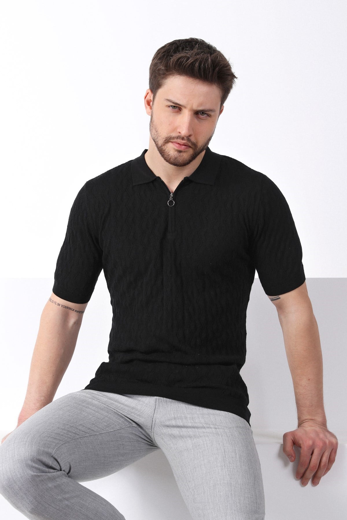 Ferraro Siyah Polo Yaka Fermuarlı Erkek Pamuk Triko T-Shirt