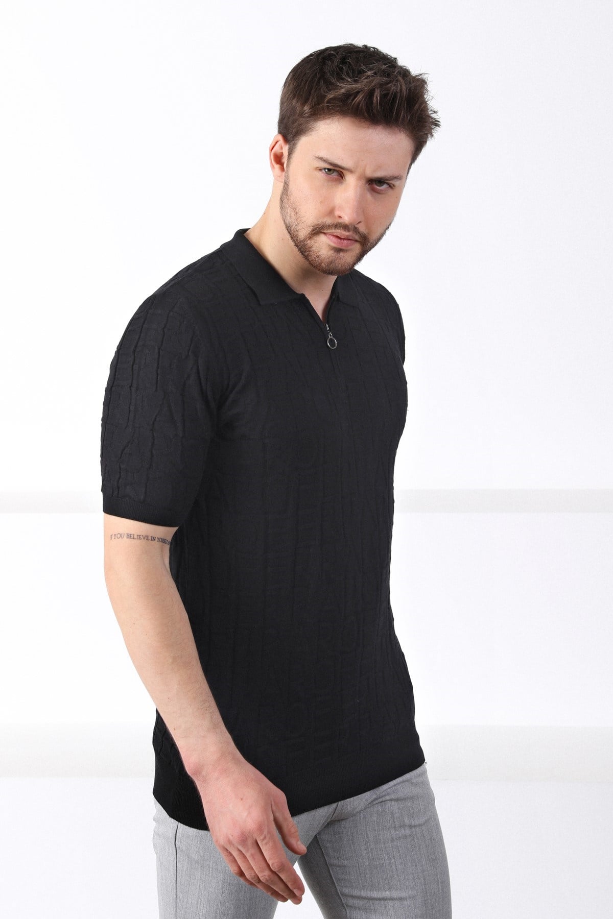 Ferraro Siyah Polo Yaka Fermuarlı Erkek Pamuk Triko T-Shirt