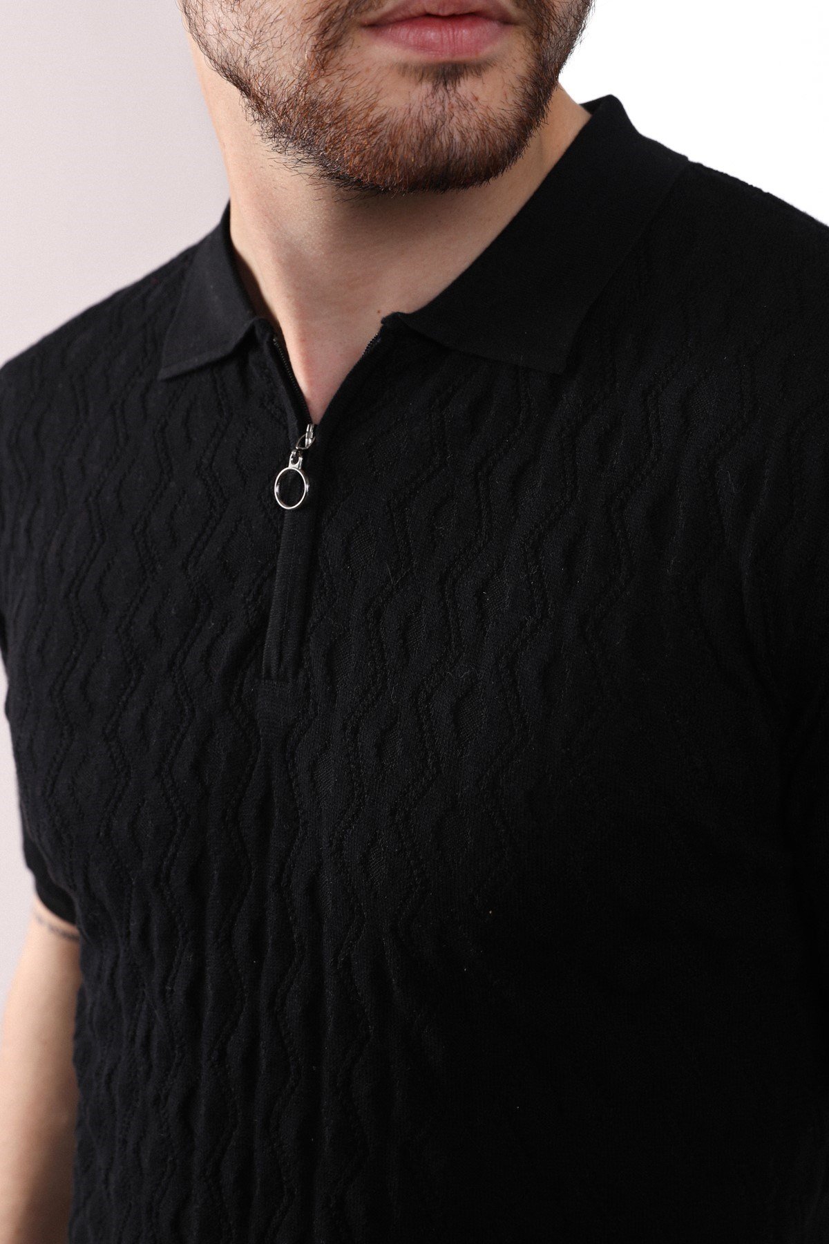 Ferraro Siyah Polo Yaka Fermuarlı Erkek Pamuk Triko T-Shirt