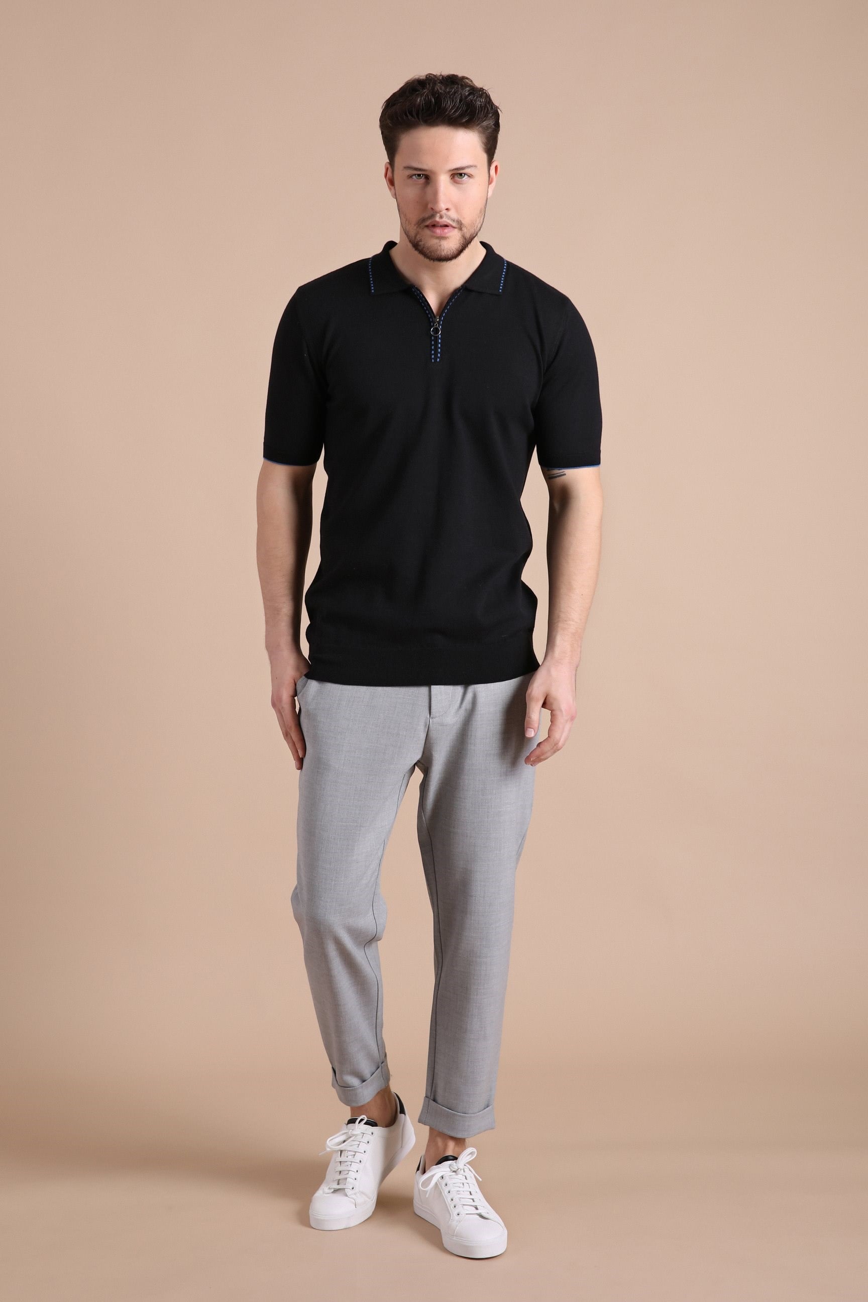 Ferraro Siyah Polo Yaka Fermuarlı Erkek Pamuk Triko T-Shirt