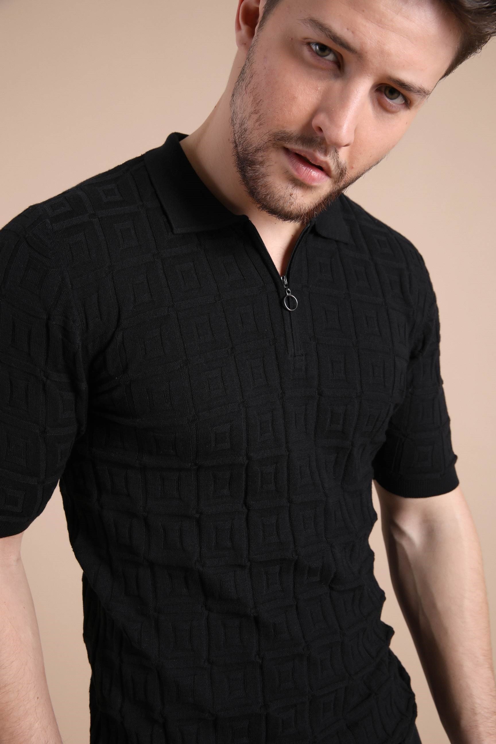 Ferraro Siyah Polo Yaka Fermuarlı Erkek Pamuk Triko T-Shirt