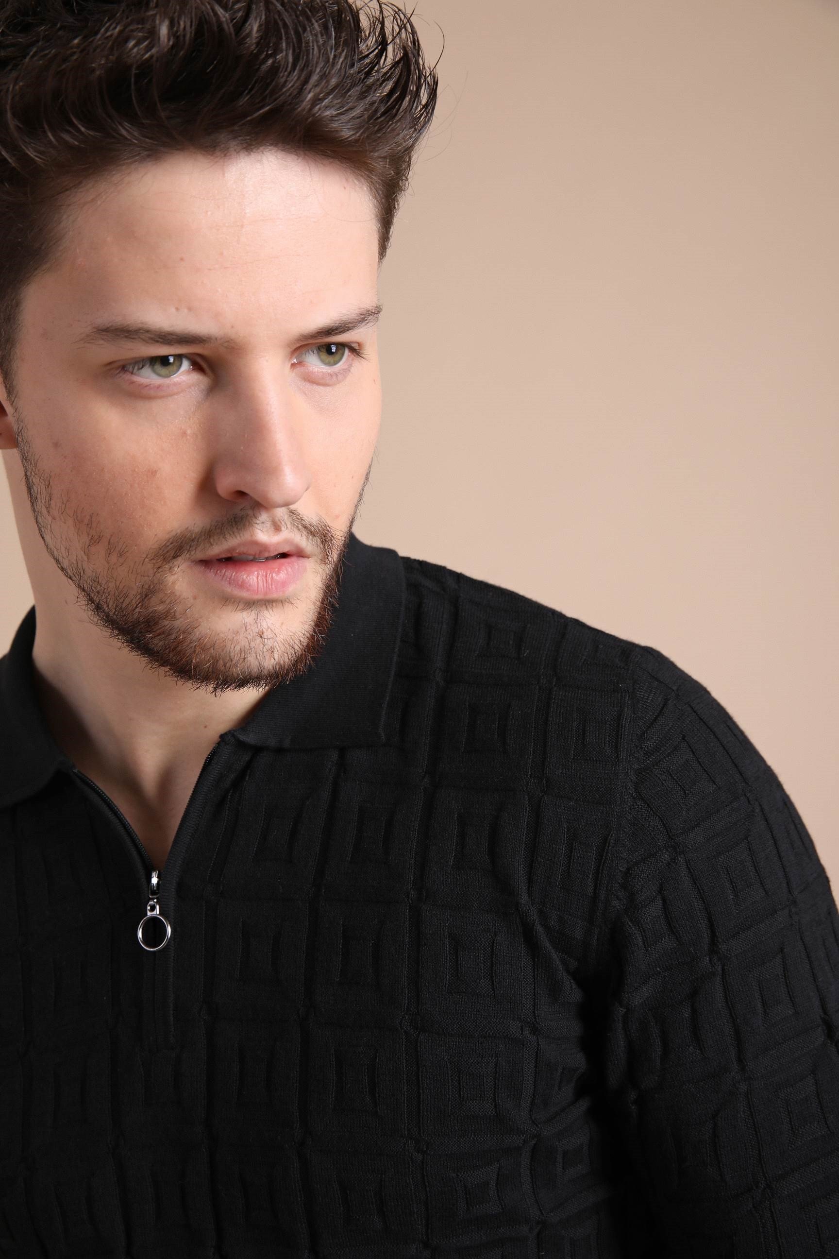 Ferraro Siyah Polo Yaka Fermuarlı Erkek Pamuk Triko T-Shirt