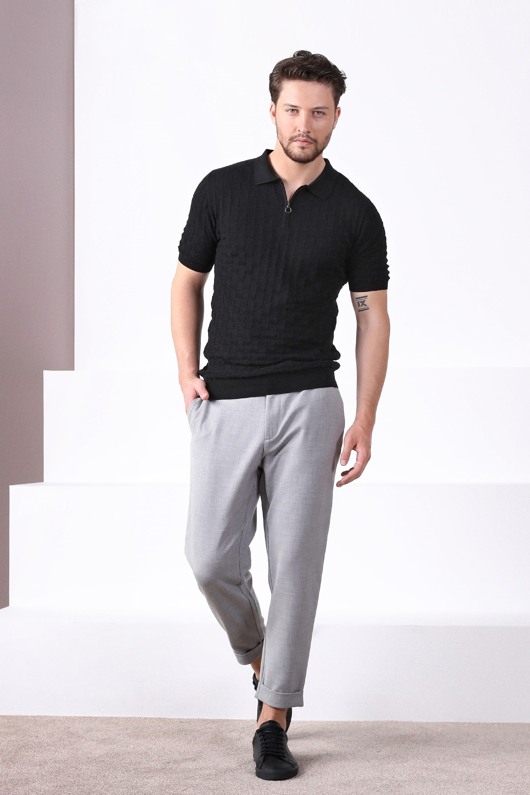 Ferraro Siyah Polo Yaka Fermuarlı Erkek Pamuk Triko T-Shirt