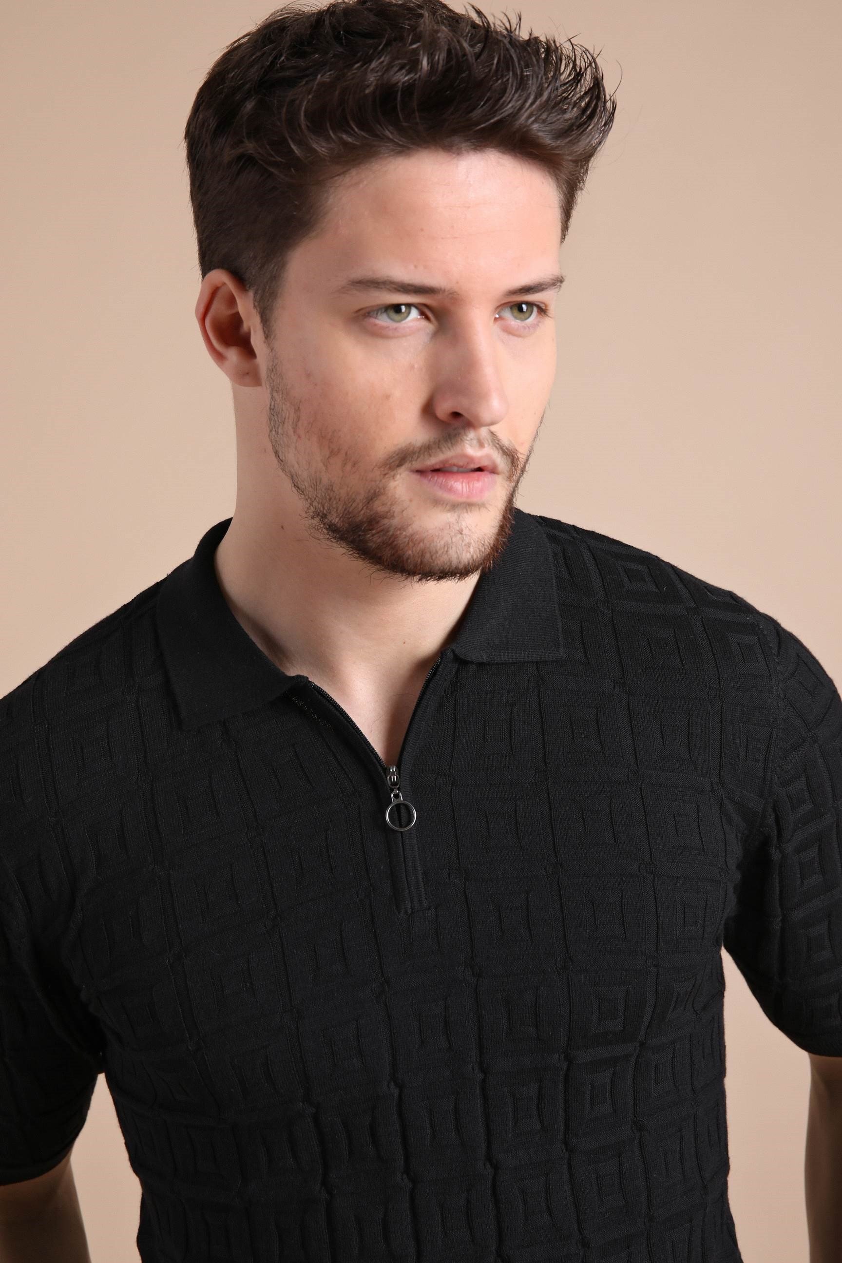 Ferraro Siyah Polo Yaka Fermuarlı Erkek Pamuk Triko T-Shirt