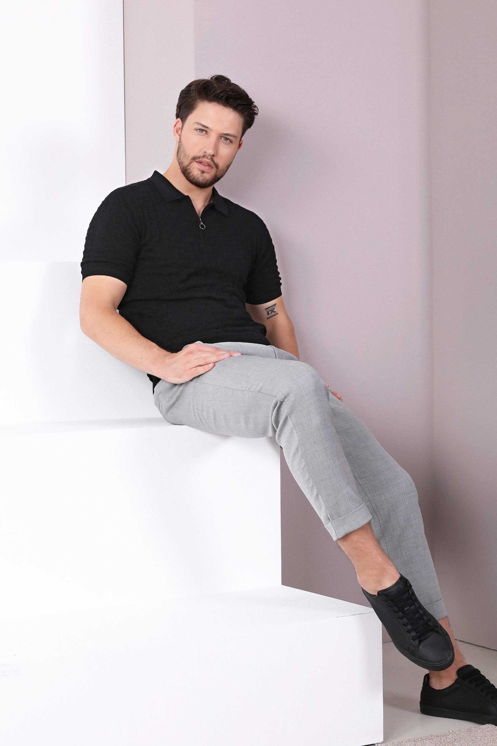 Ferraro Siyah Polo Yaka Fermuarlı Erkek Pamuk Triko T-Shirt