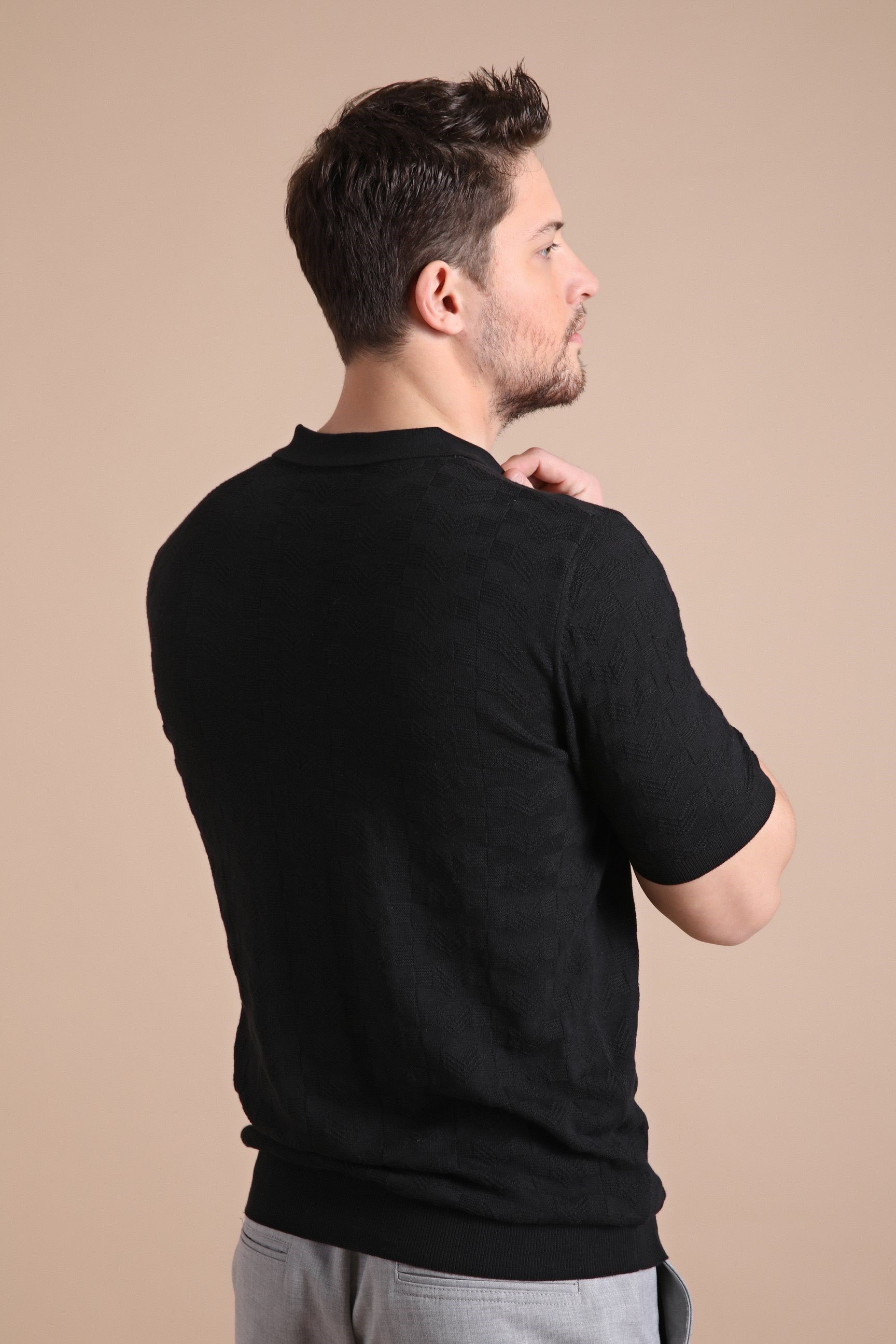 Ferraro Siyah Polo Yaka Fermuarlı Erkek Pamuk Triko T-Shirt