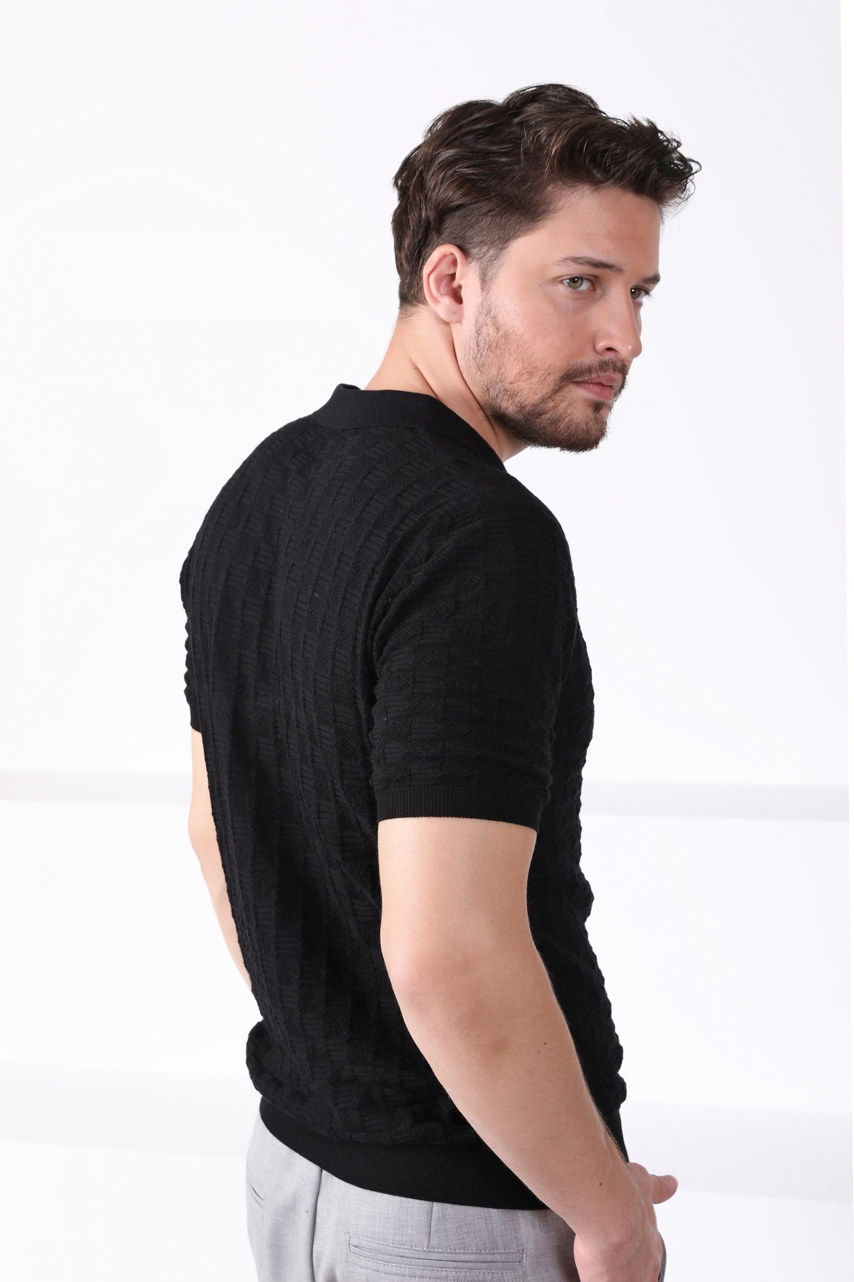 Ferraro Siyah Polo Yaka Fermuarlı Erkek Pamuk Triko T-Shirt