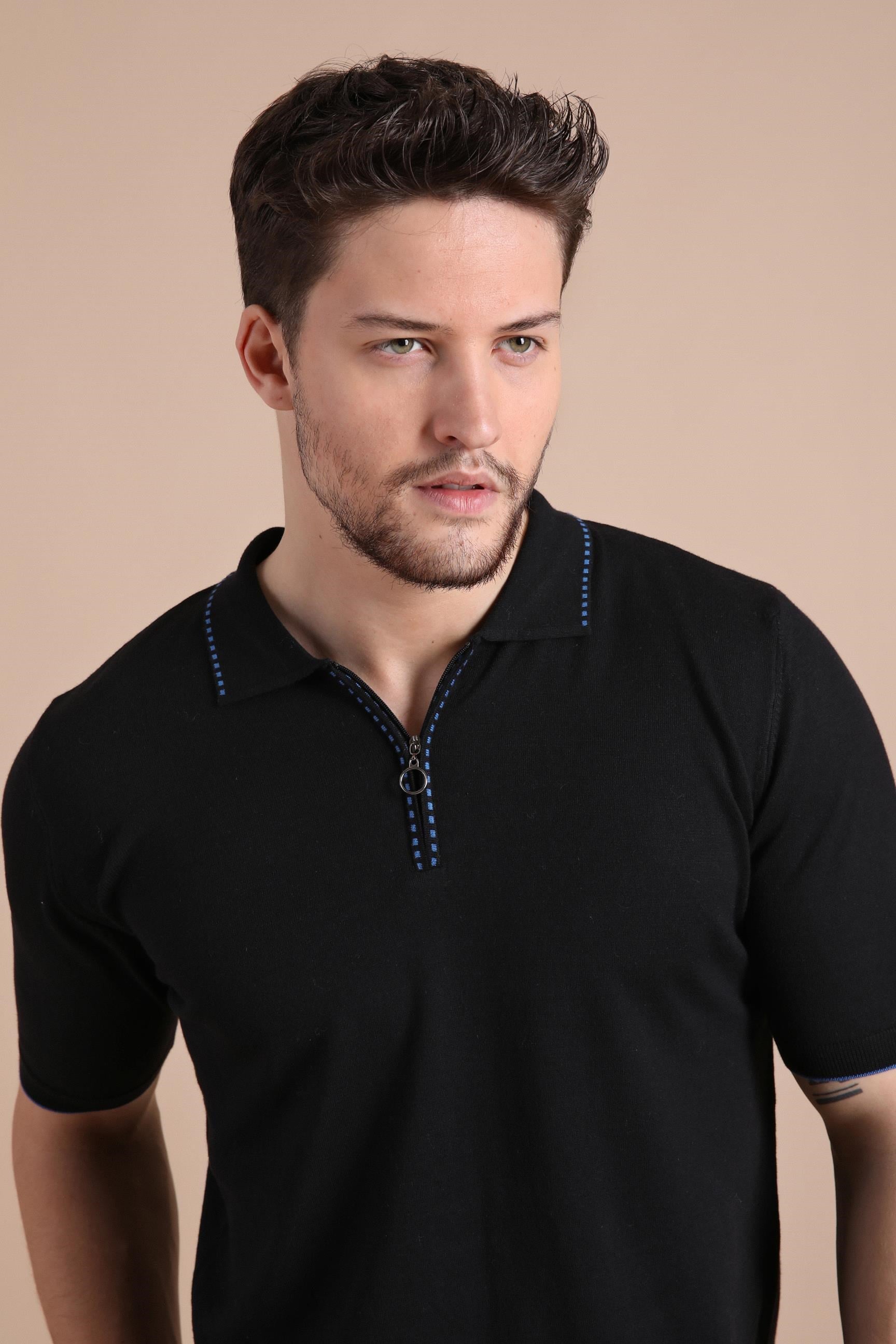 Ferraro Siyah Polo Yaka Fermuarlı Erkek Pamuk Triko T-Shirt